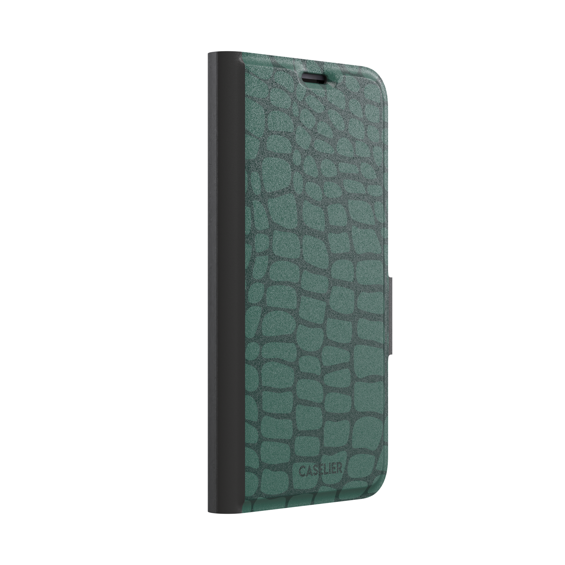Crocodile phone case in forest green tonal croc-scale pattern, phone case by Caselier — wallet case, left view