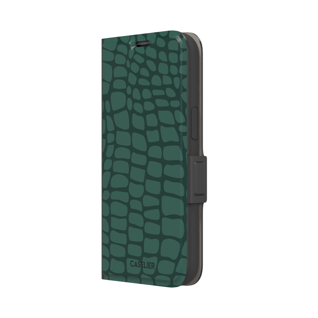 Crocodile phone case in forest green tonal croc-scale pattern, phone case by Caselier — wallet case, right view