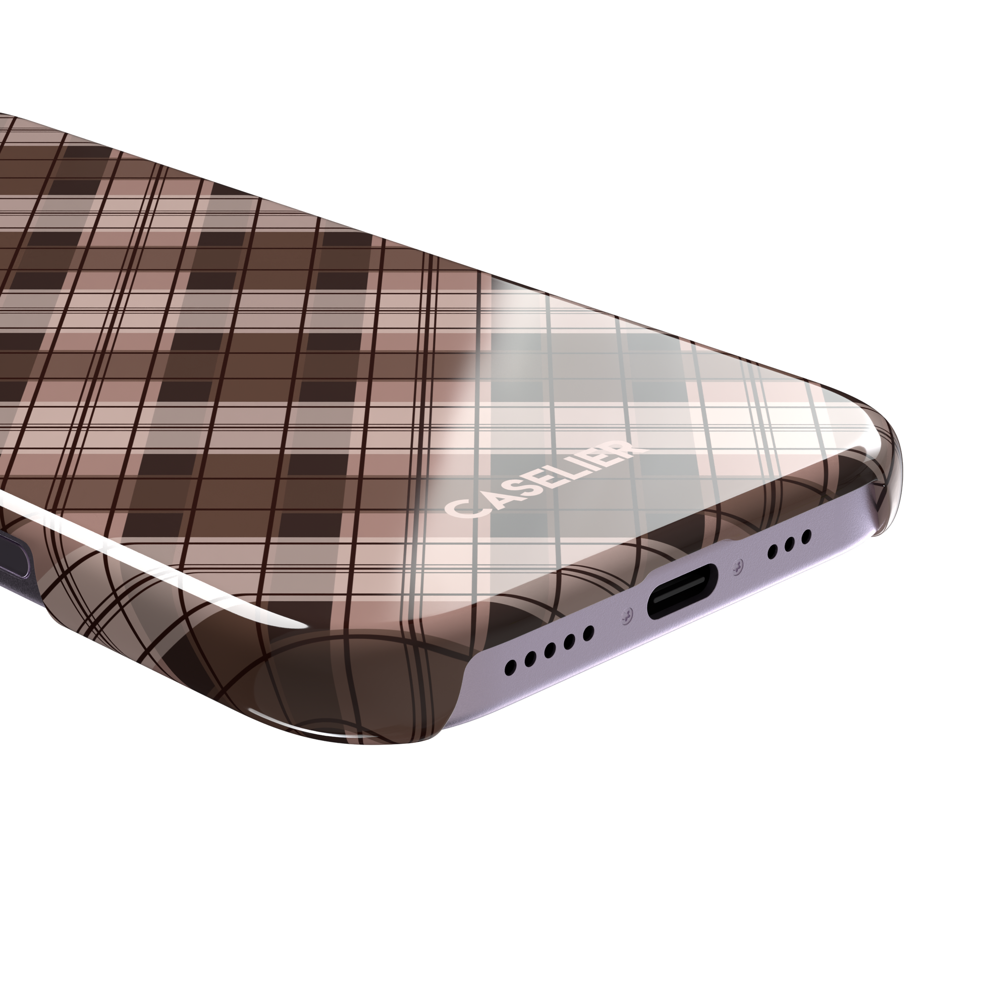 Cross Plaid, diagonal plaid check in cocoa brown, taupe and blush, snap case, charging port detail, phone case by Caselier