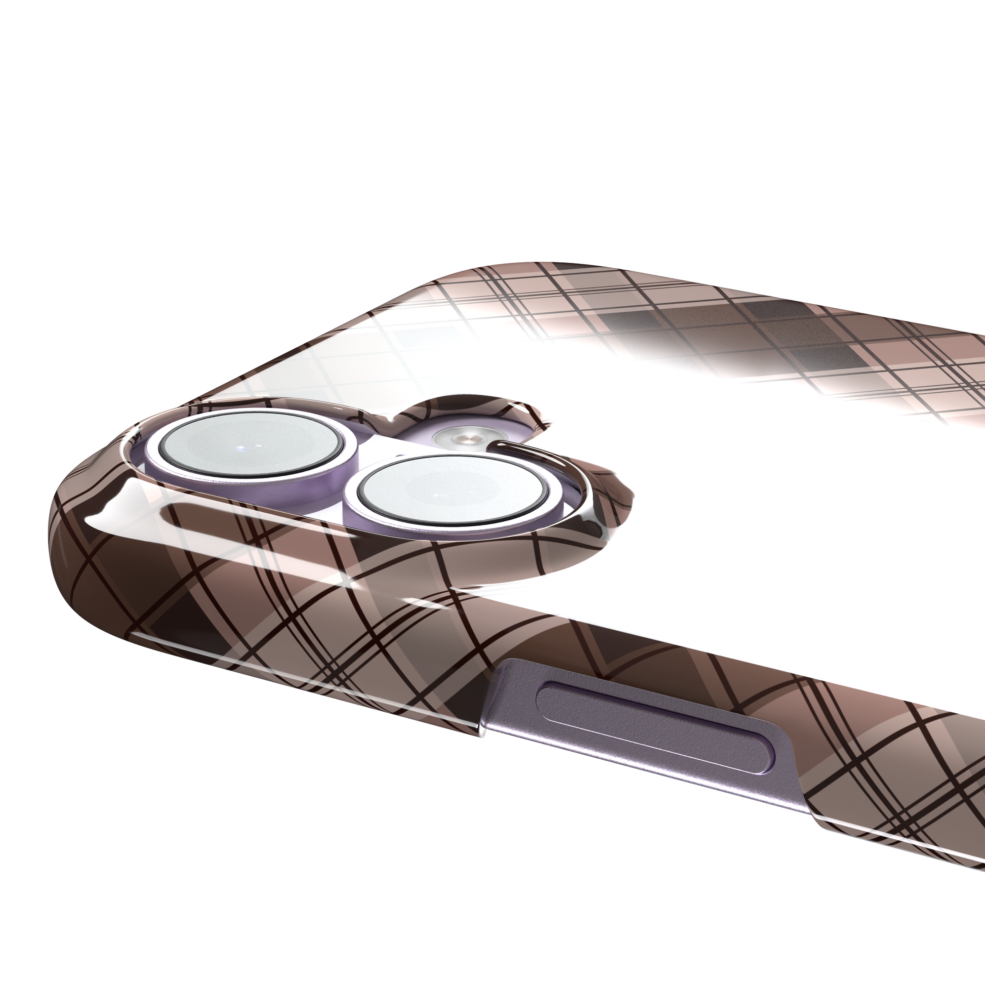 Cross Plaid, diagonal plaid check in cocoa brown, taupe and blush, snap case, volume buttons detail, phone case by Caselier