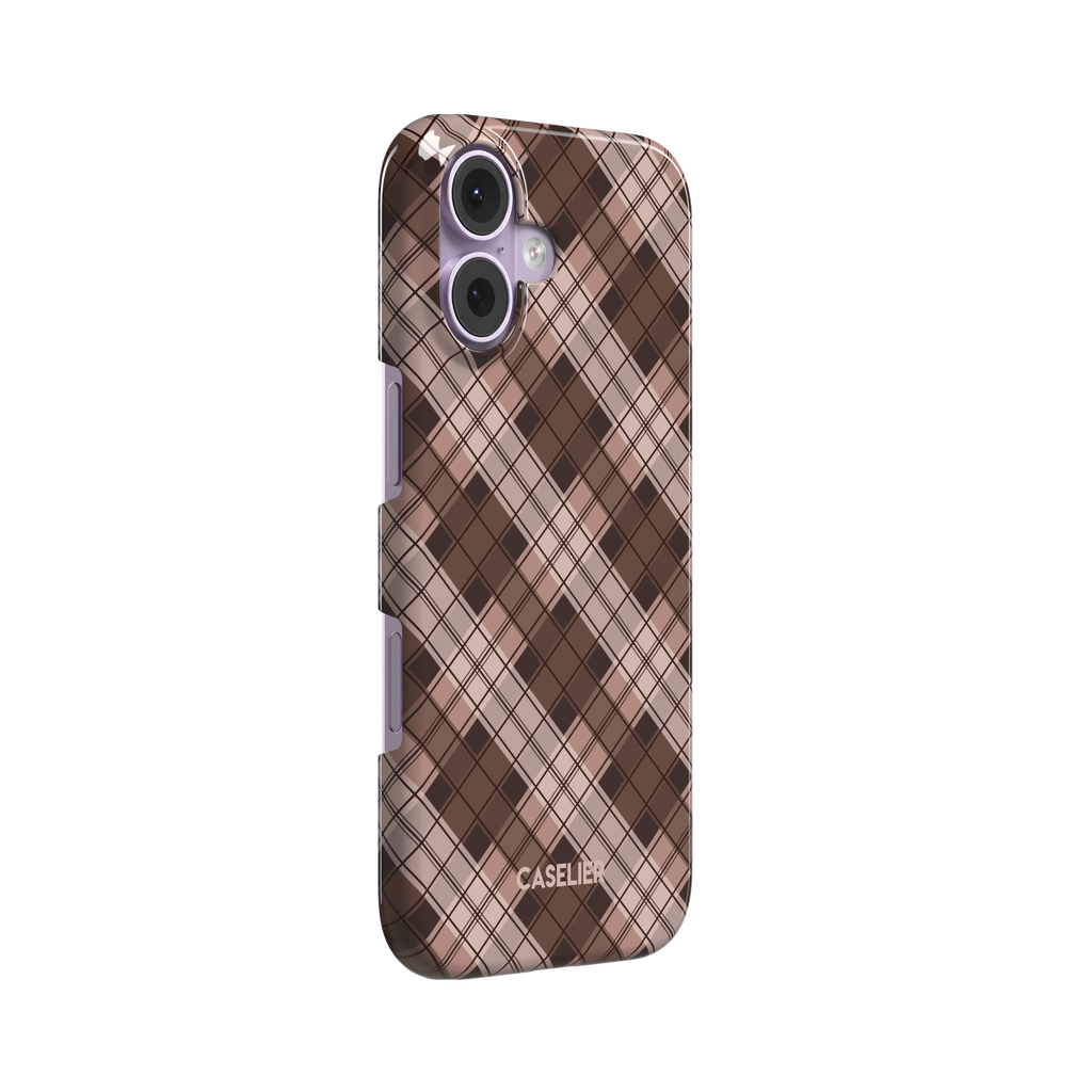 Cross Plaid, diagonal plaid check in cocoa brown, taupe and blush, snap case, left view, phone case by Caselier