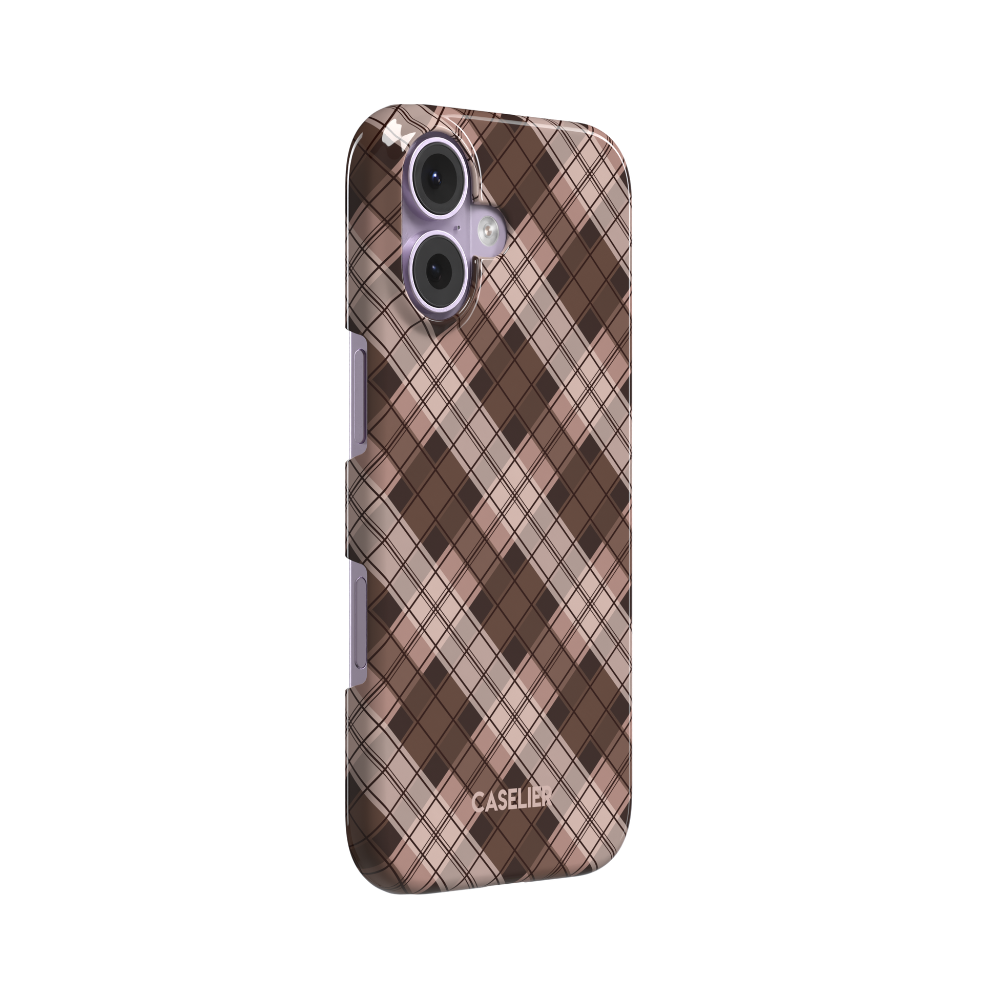 Cross Plaid, diagonal plaid check in cocoa brown, taupe and blush, snap case, left view, phone case by Caselier