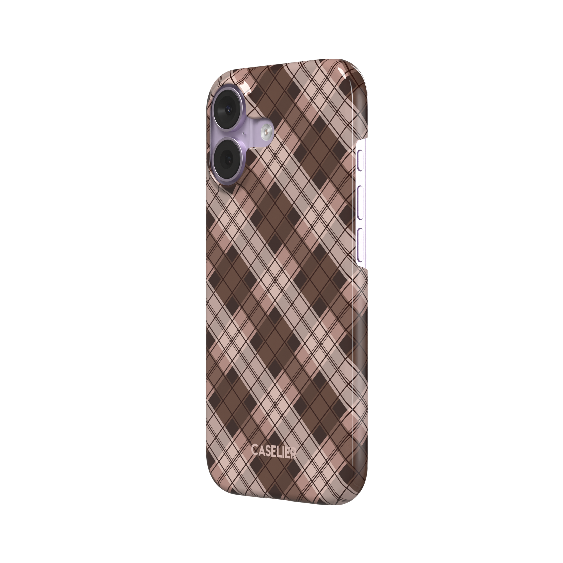 Cross Plaid, diagonal plaid check in cocoa brown, taupe and blush, snap case, right view, phone case by Caselier