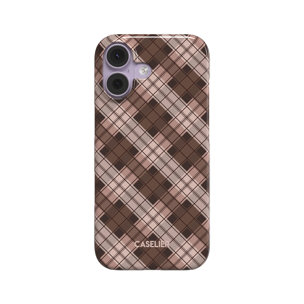 Cross Plaid diagonal tartan pattern in chocolate brown, dusty blush and beige tones, snap case front view on white background, phone case by Caselier - snap case, front view | Caselier