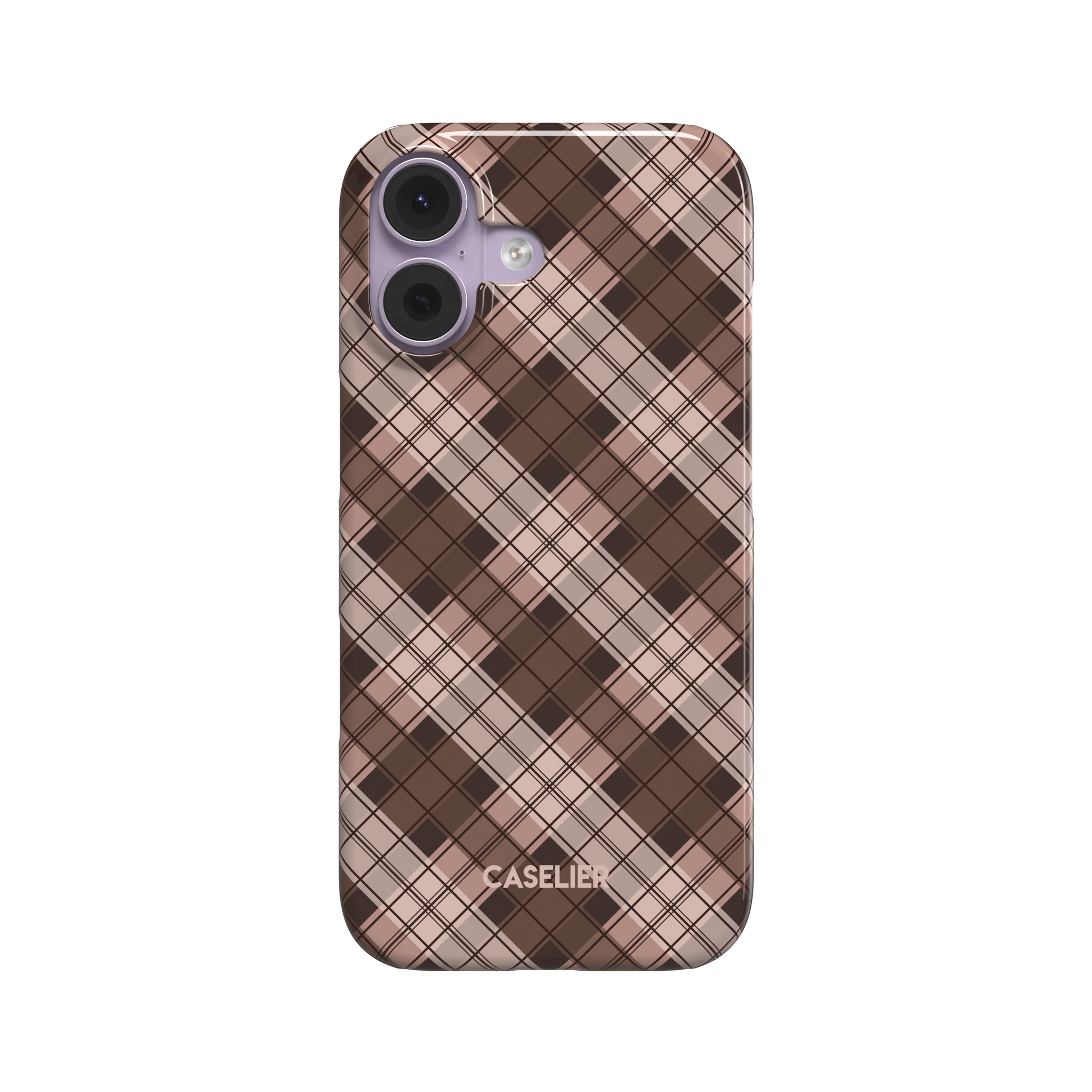 Cross Plaid diagonal tartan pattern in chocolate brown, dusty blush and beige tones, snap case front view on white background, phone case by Caselier - snap case, front view | Caselier