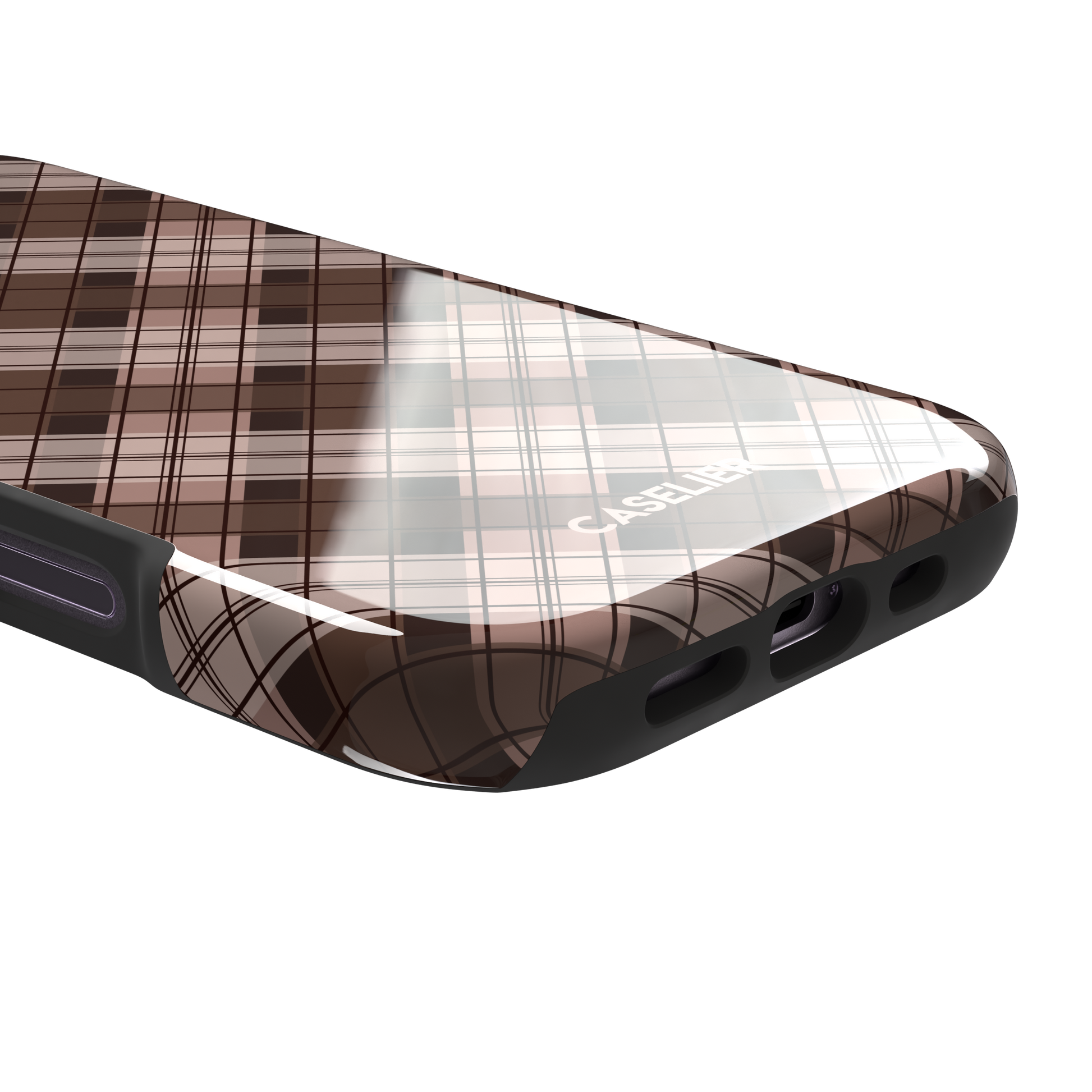 Cross Plaid, diagonal plaid check in cocoa brown, taupe and blush, tough case, charging port detail, phone case by Caselier