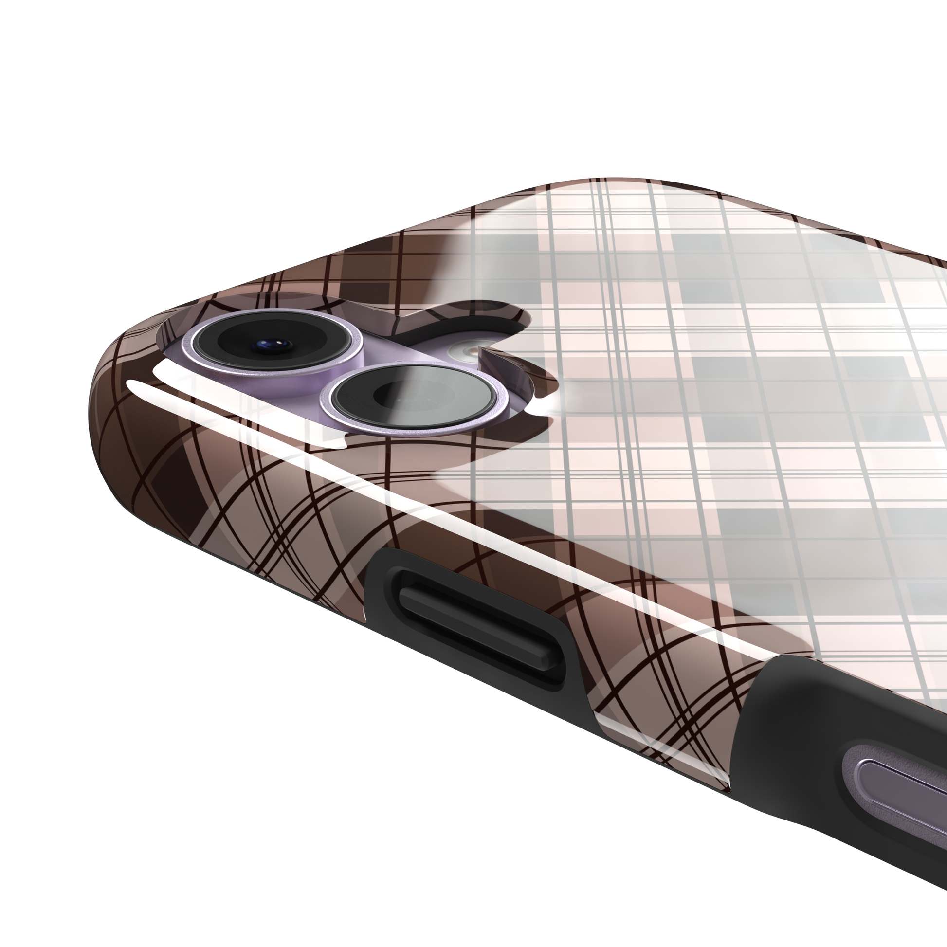 Cross Plaid, diagonal plaid check in cocoa brown, taupe and blush, tough case, volume buttons detail, phone case by Caselier