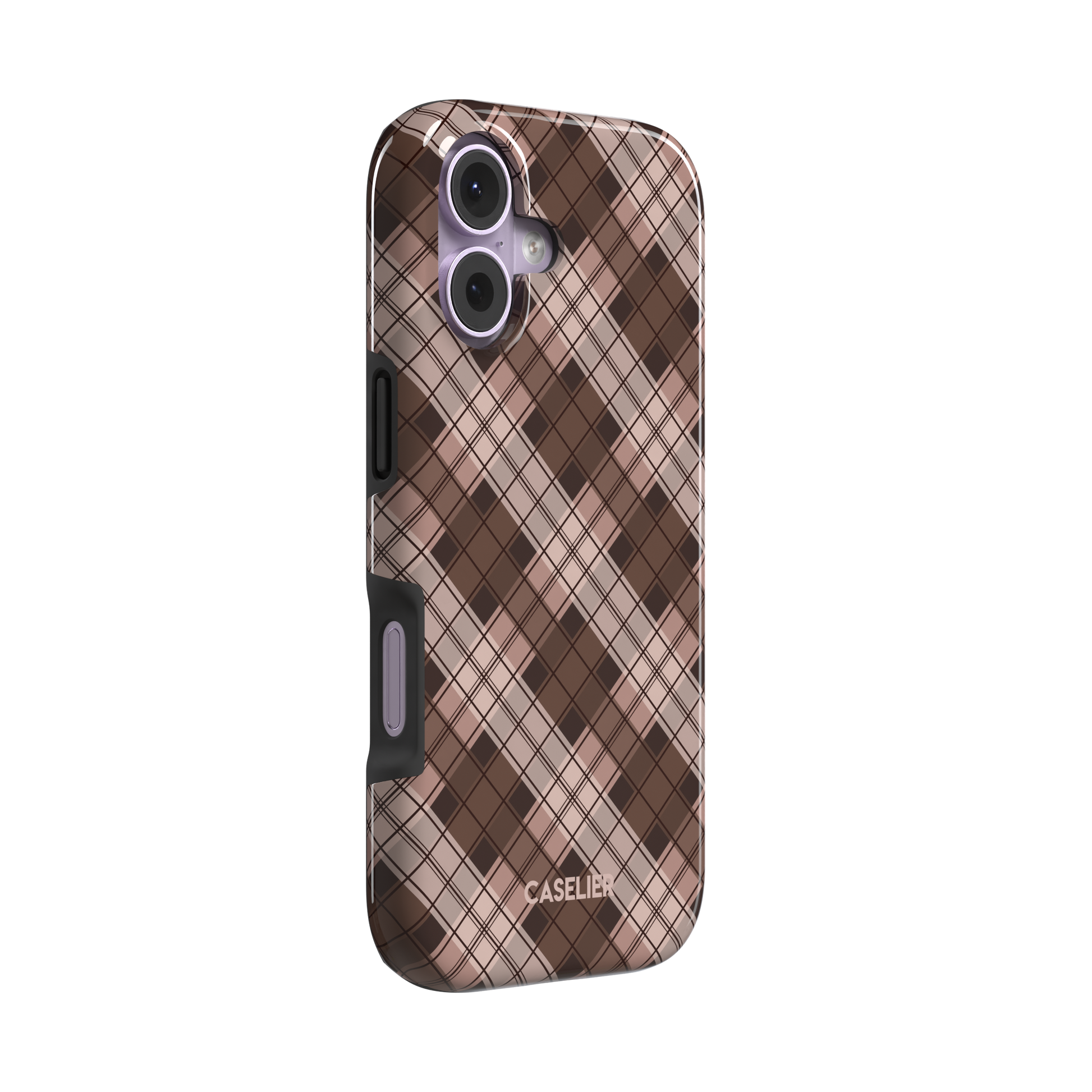 Cross Plaid, diagonal plaid check in cocoa brown, taupe and blush, tough case, left view, phone case by Caselier