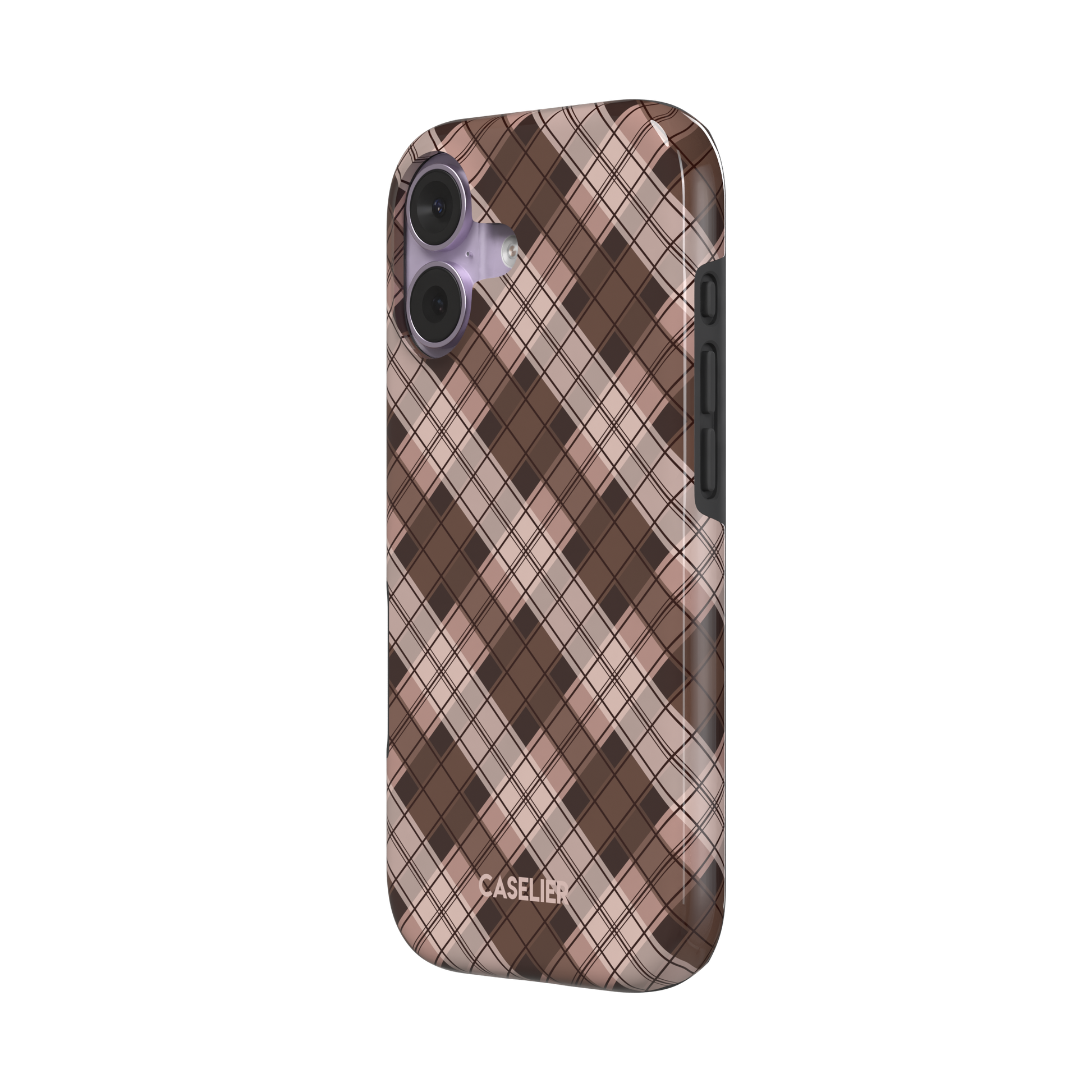 Cross Plaid, diagonal plaid check in cocoa brown, taupe and blush, tough case, right view, phone case by Caselier