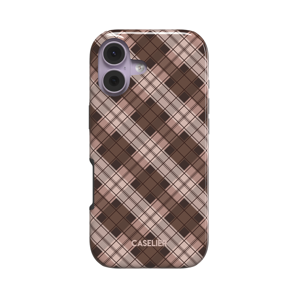 Cross Plaid brown and blush diagonal plaid pattern, snap case angled side view showing slim profile, white background, phone case by Caselier - tough case, front view | Caselier