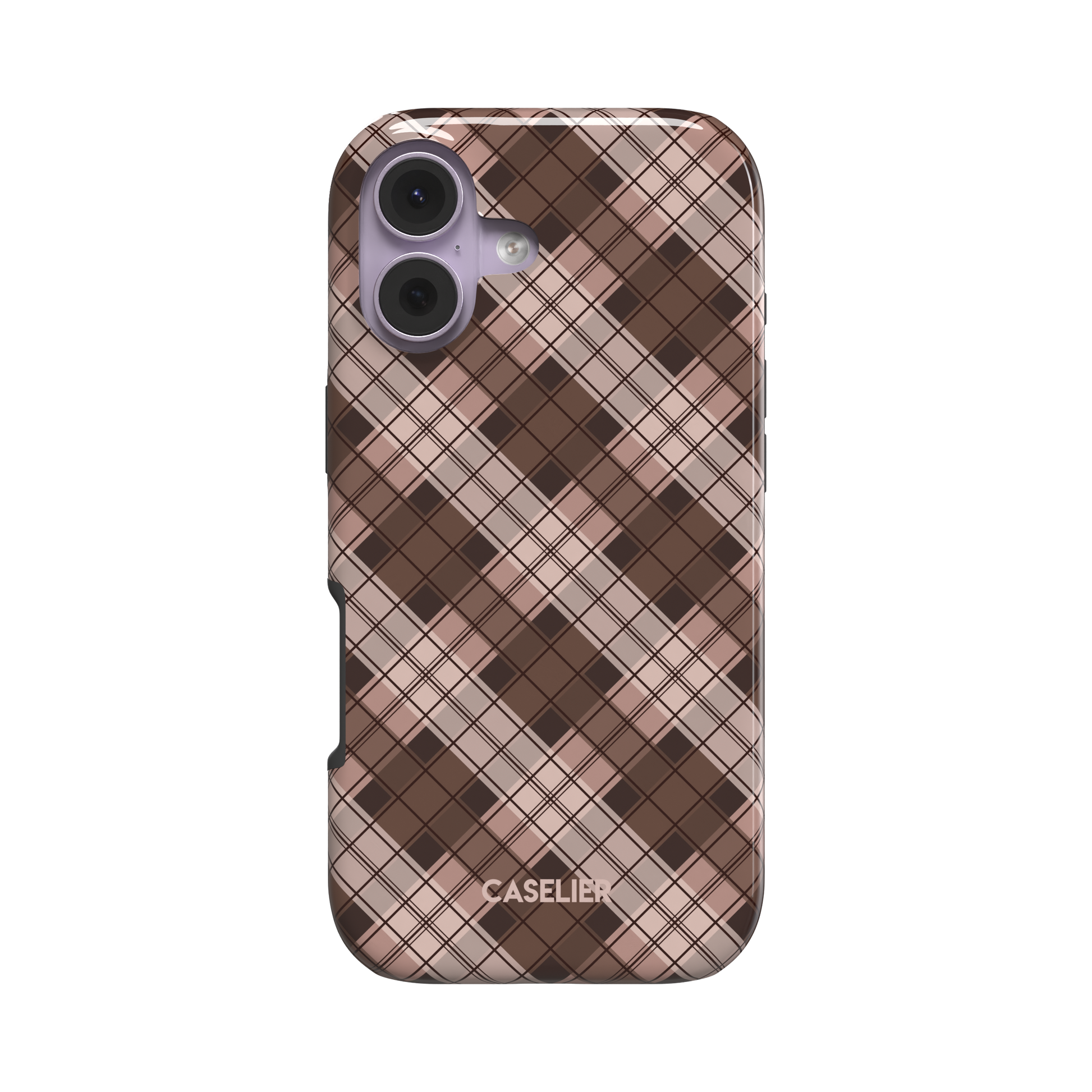 Cross Plaid brown and blush diagonal plaid pattern, snap case angled side view showing slim profile, white background, phone case by Caselier - tough case, front view | Caselier