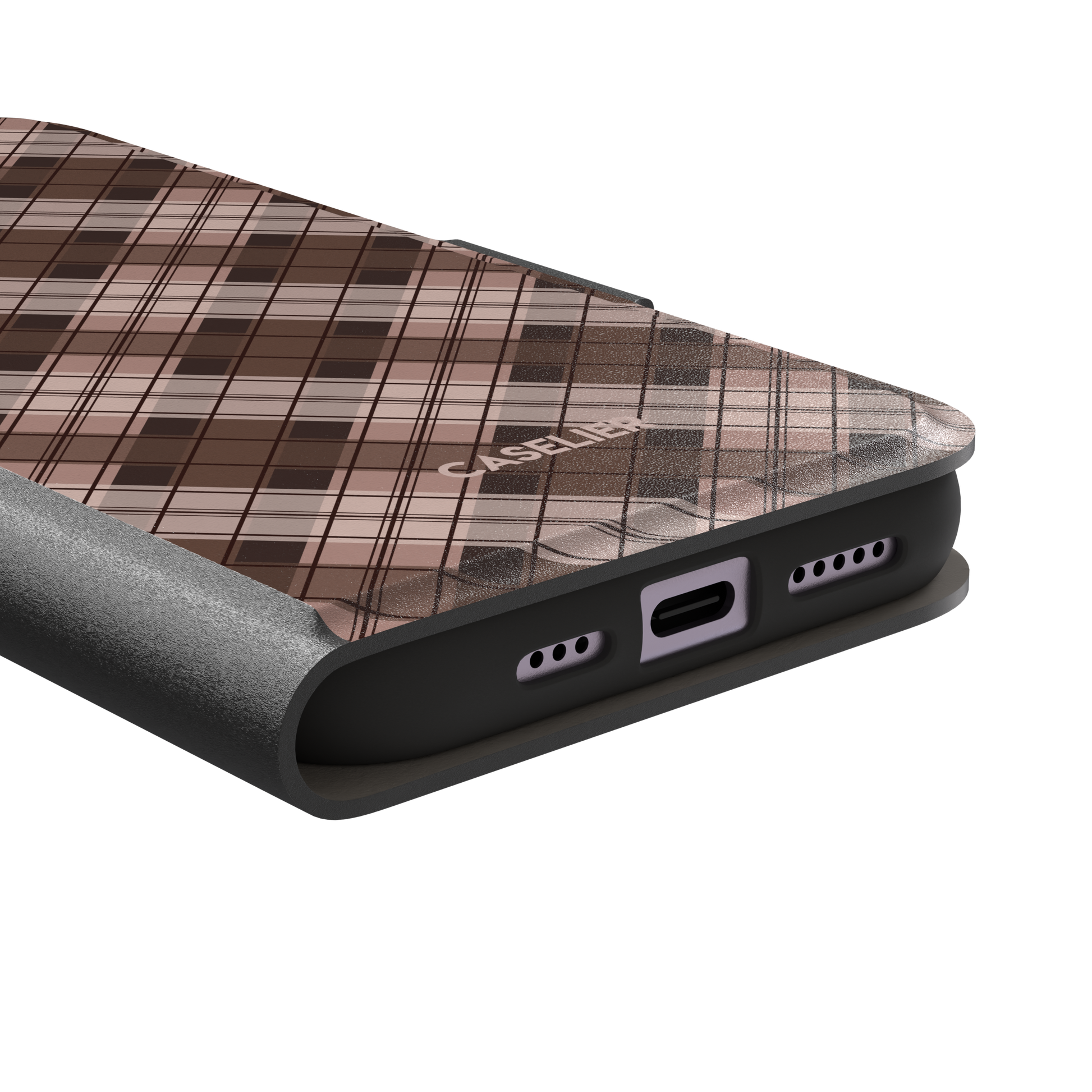 Cross Plaid, diagonal plaid check in cocoa brown, taupe and blush, wallet case, charging port detail, phone case by Caselier