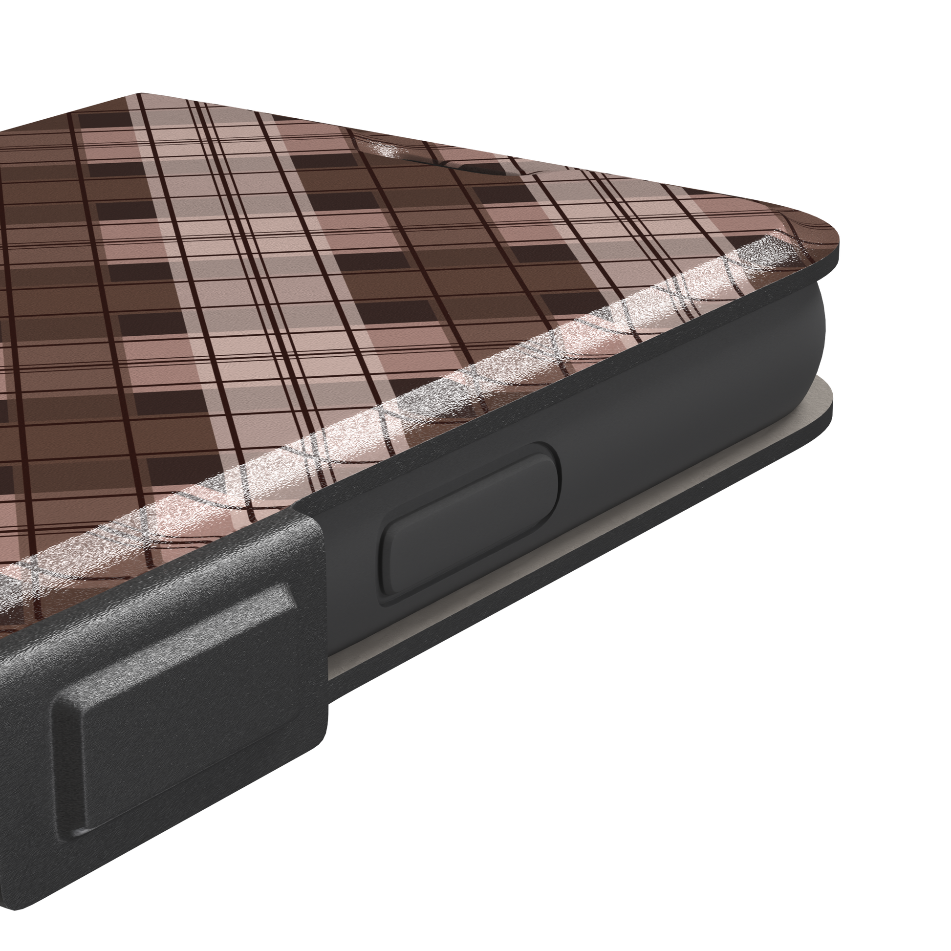 Cross Plaid, diagonal plaid check in cocoa brown, taupe and blush, wallet case, volume buttons detail, phone case by Caselier