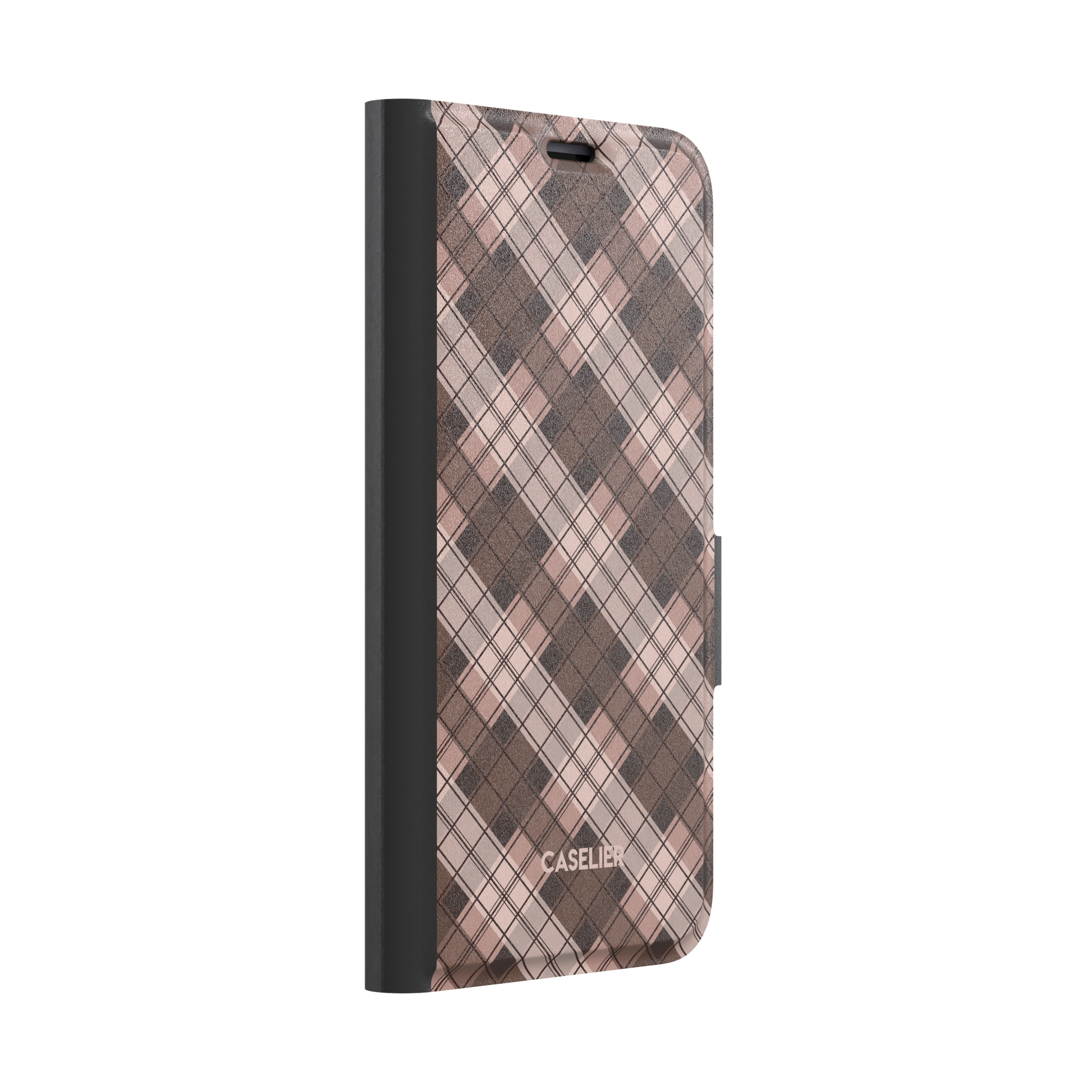 Cross Plaid, diagonal plaid check in cocoa brown, taupe and blush, wallet case, left view, phone case by Caselier