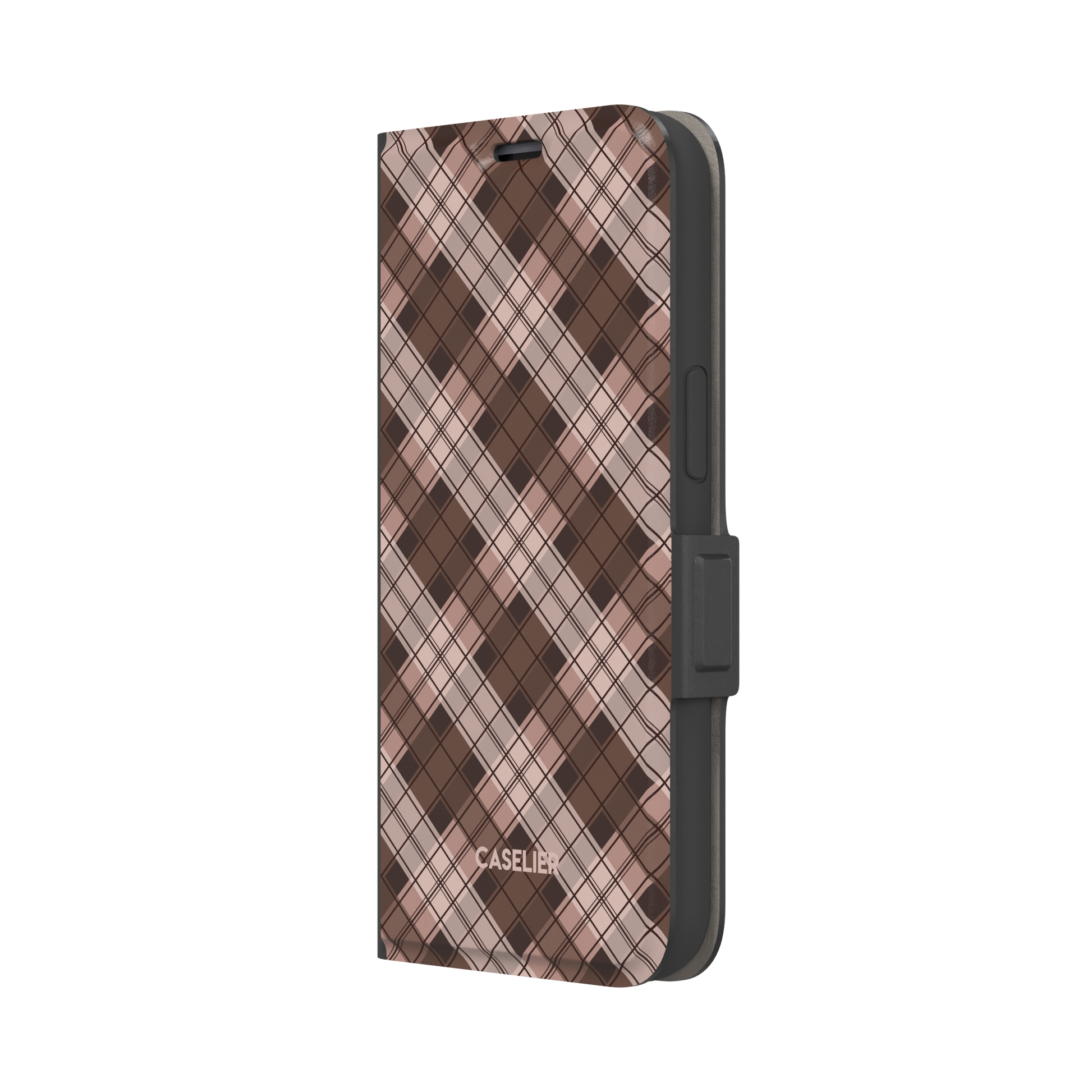 Cross Plaid, diagonal plaid check in cocoa brown, taupe and blush, wallet case, right view, phone case by Caselier