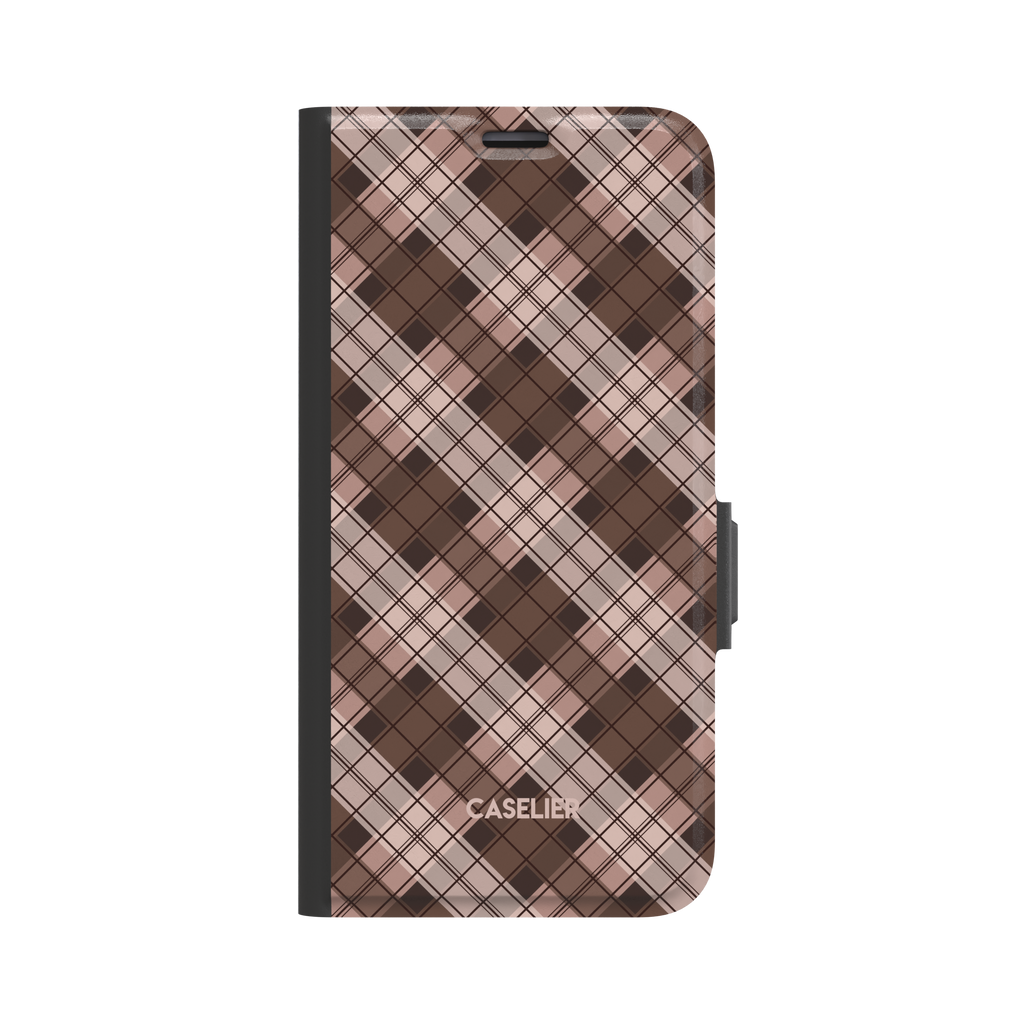 Cross Plaid brown and blush tartan design on a folio wallet case with black spine and magnetic clasp, front view on white background, phone case by Caselier - wallet case, front view | Caselier