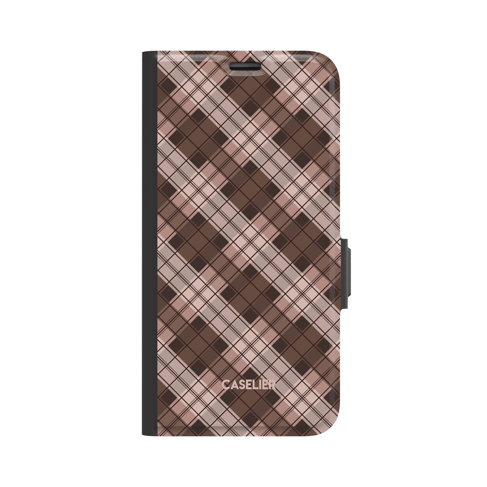 Cross Plaid brown and blush tartan design on a folio wallet case with black spine and magnetic clasp, front view on white background, phone case by Caselier - wallet case, front view | Caselier