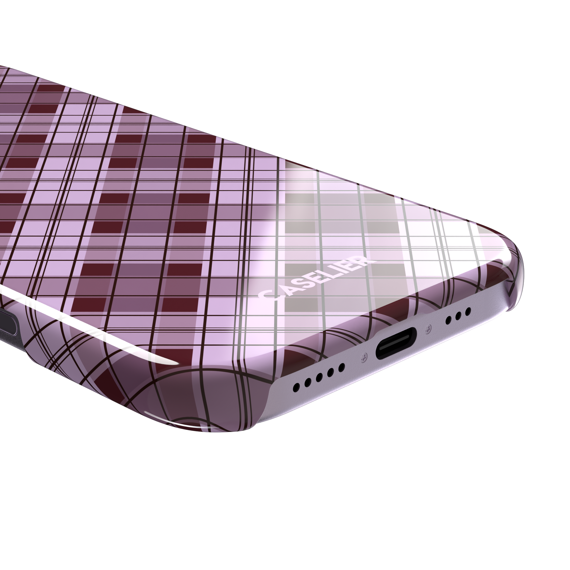 Cross Plaid, diagonal plaid check in dusty pink and deep burgundy, snap case, charging port detail, phone case by Caselier