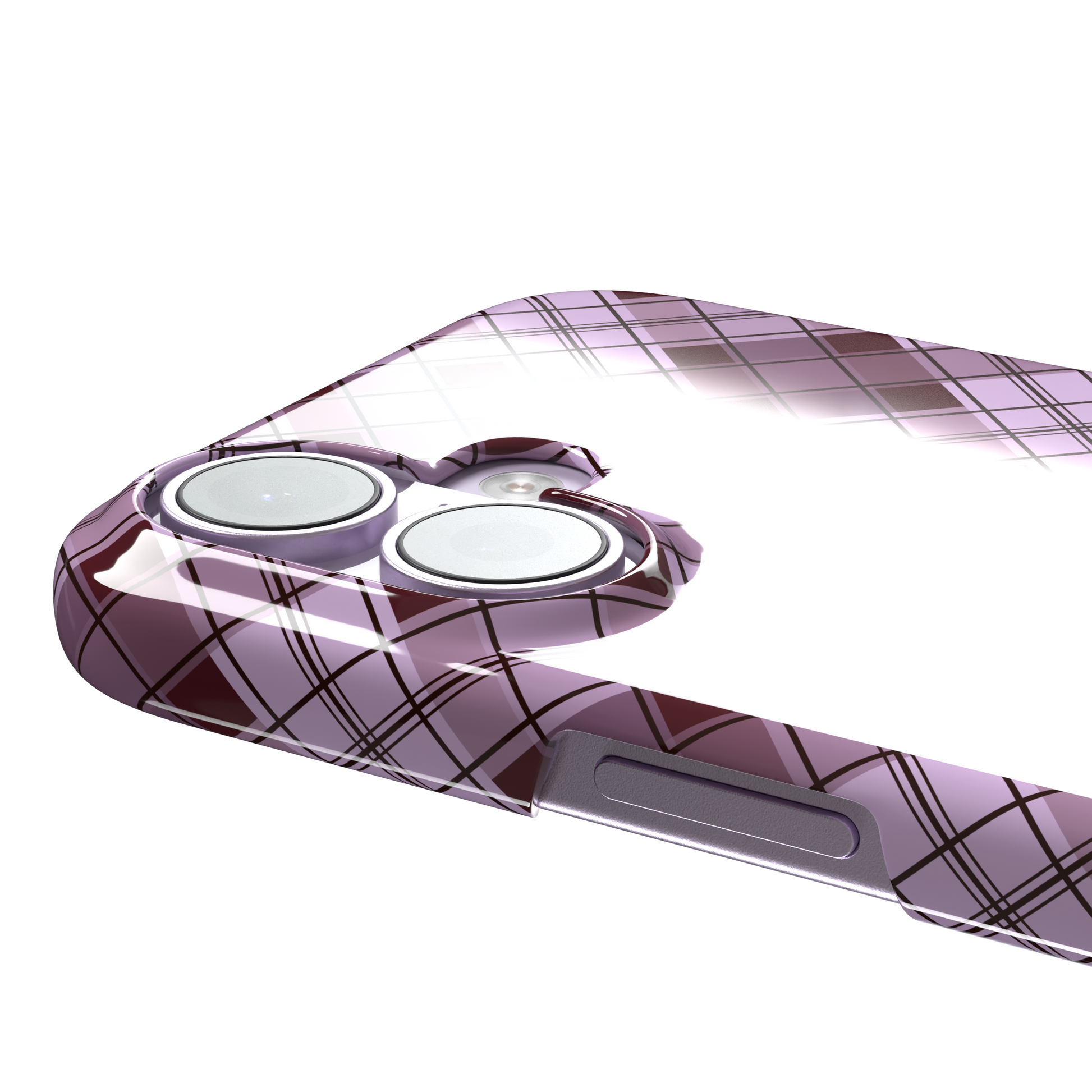 Cross Plaid, diagonal plaid check in dusty pink and deep burgundy, snap case, volume buttons detail, phone case by Caselier
