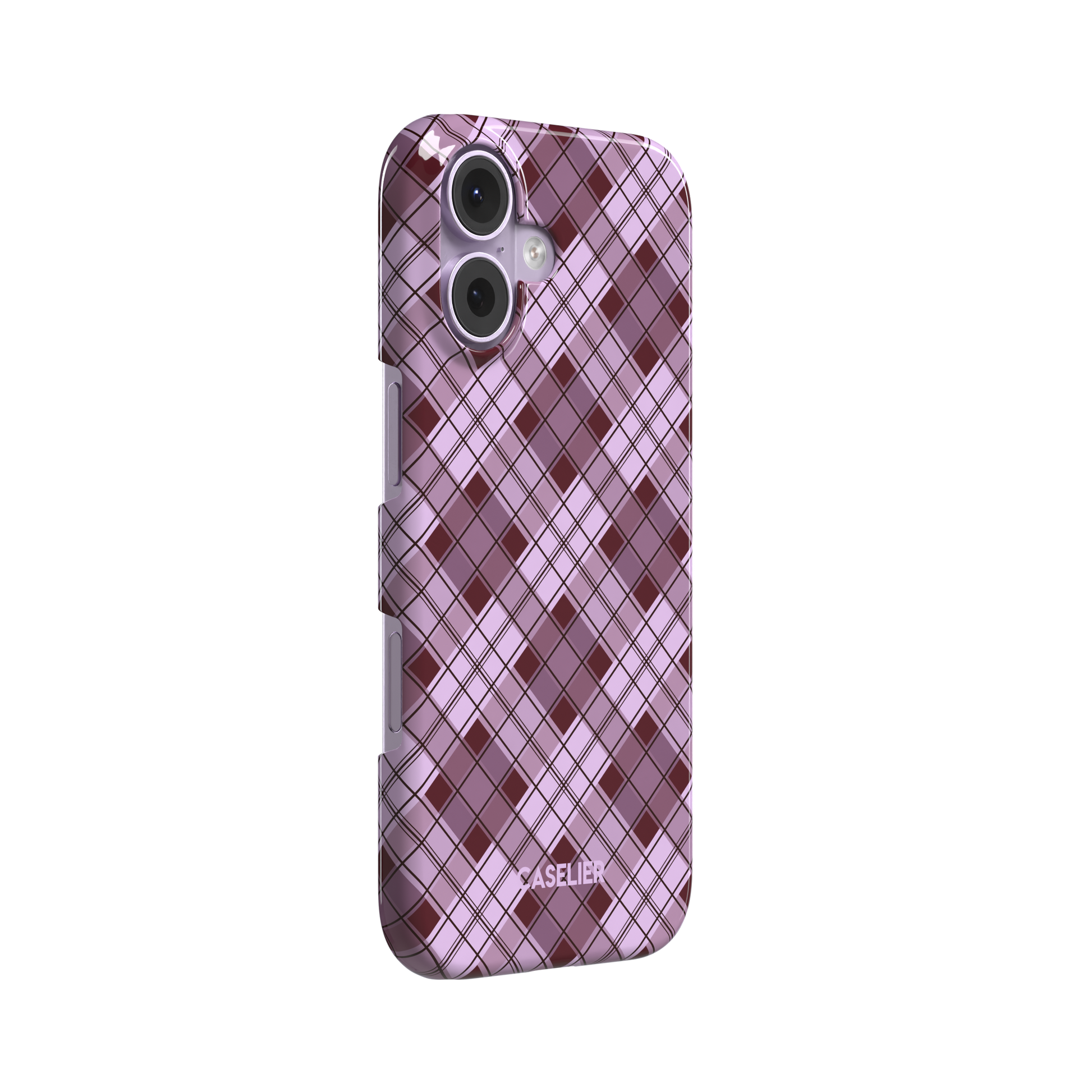 Cross Plaid, diagonal plaid check in dusty pink and deep burgundy, snap case, left view, phone case by Caselier