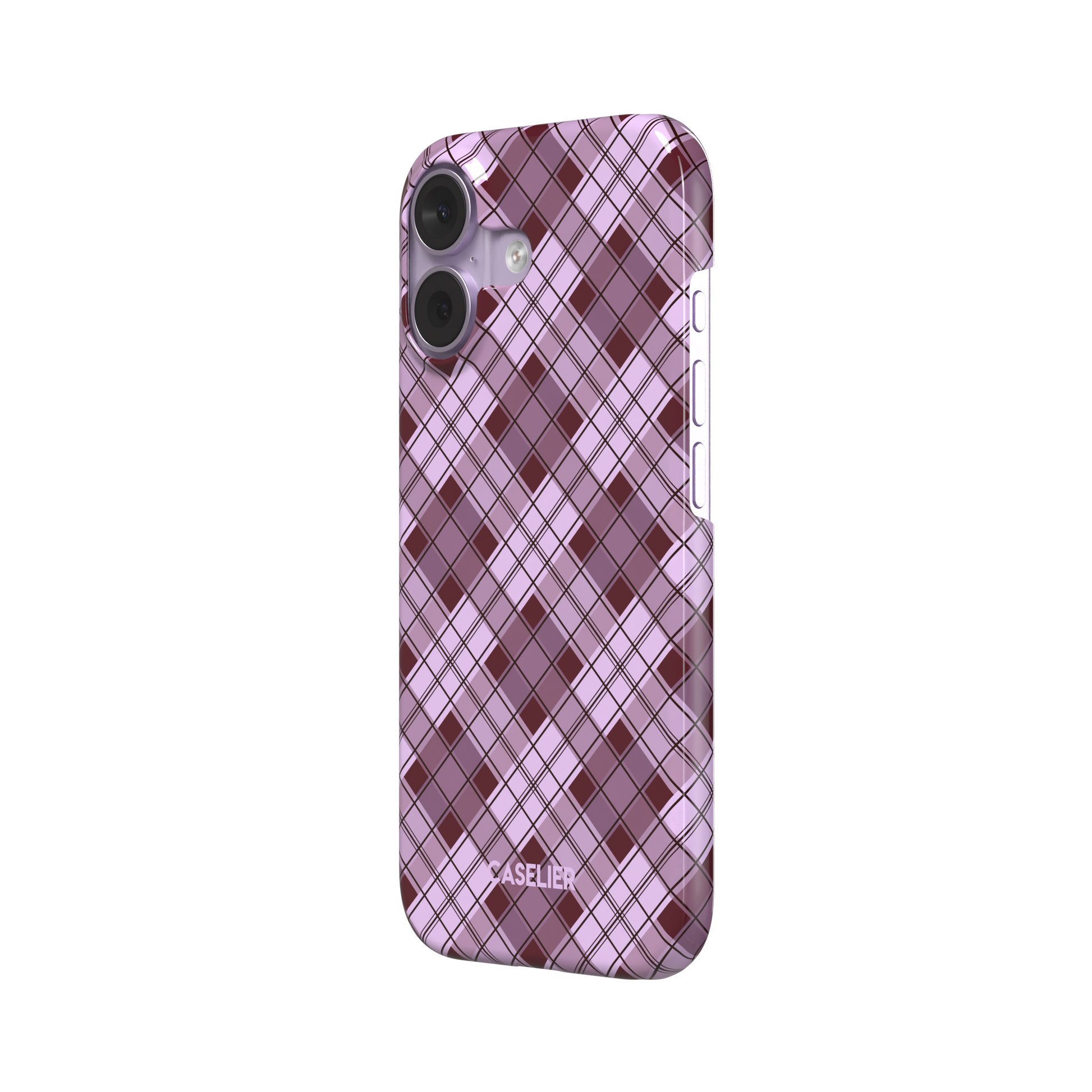 Cross Plaid, diagonal plaid check in dusty pink and deep burgundy, snap case, right view, phone case by Caselier