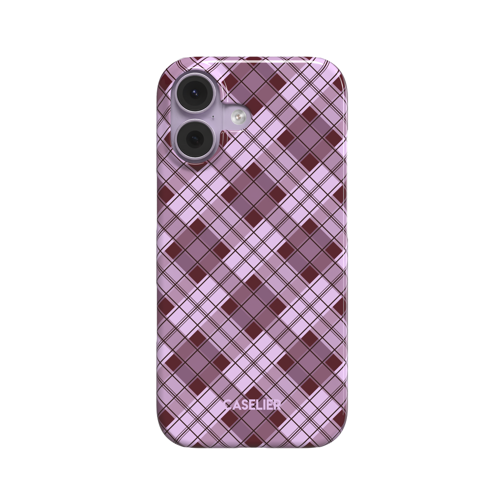 Cross Plaid colour variant in lilac and deep burgundy diagonal tartan pattern, snap case front view on white background, phone case by Caselier - snap case, front view | Caselier