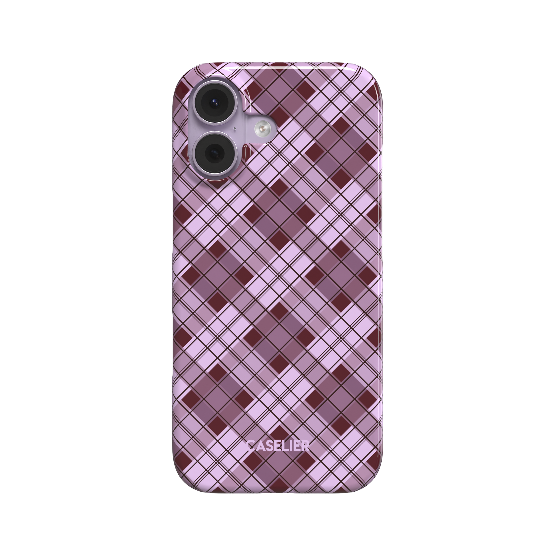 Cross Plaid colour variant in lilac and deep burgundy diagonal tartan pattern, snap case front view on white background, phone case by Caselier - snap case, front view | Caselier