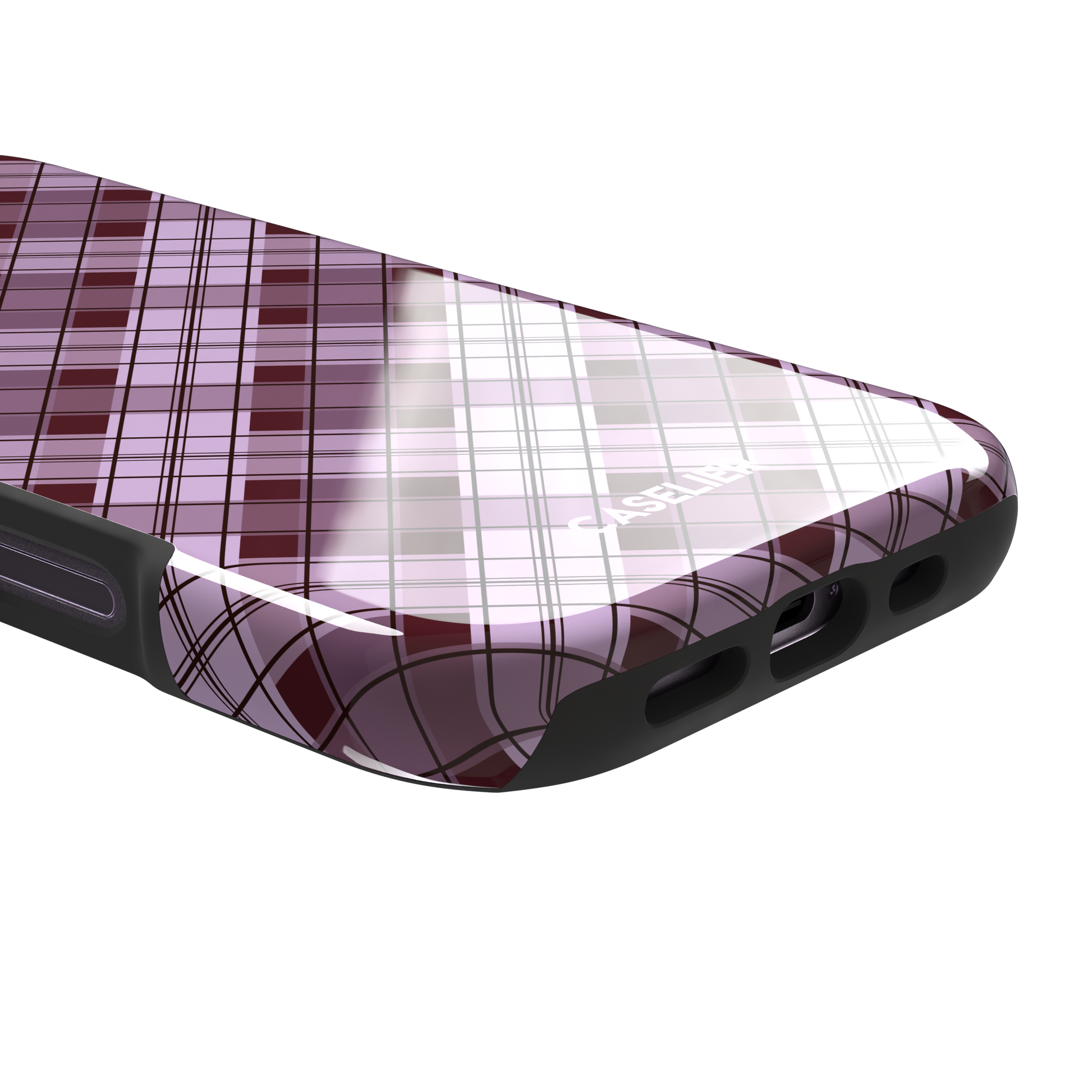 Cross Plaid, diagonal plaid check in dusty pink and deep burgundy, tough case, charging port detail, phone case by Caselier
