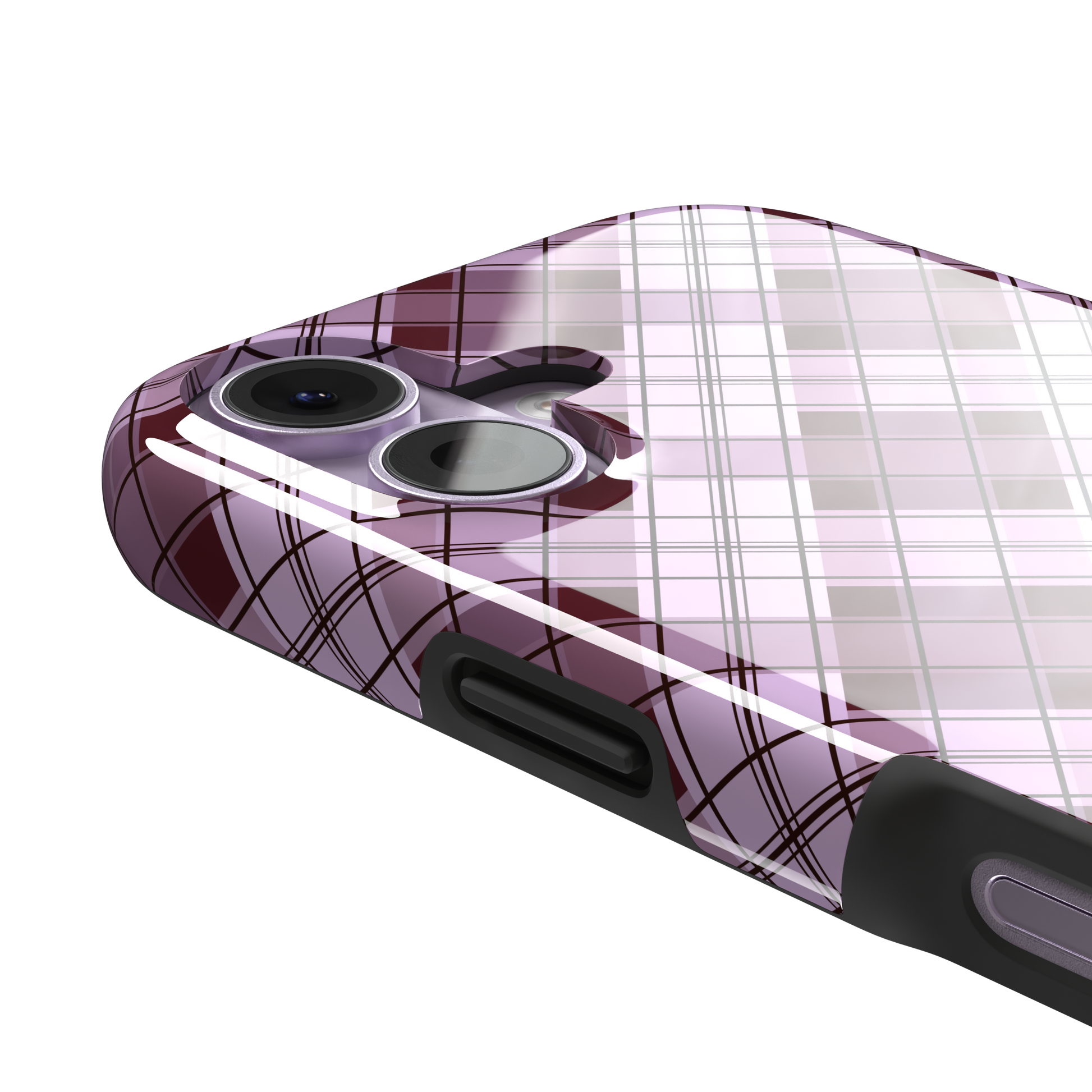Cross Plaid, diagonal plaid check in dusty pink and deep burgundy, tough case, volume buttons detail, phone case by Caselier