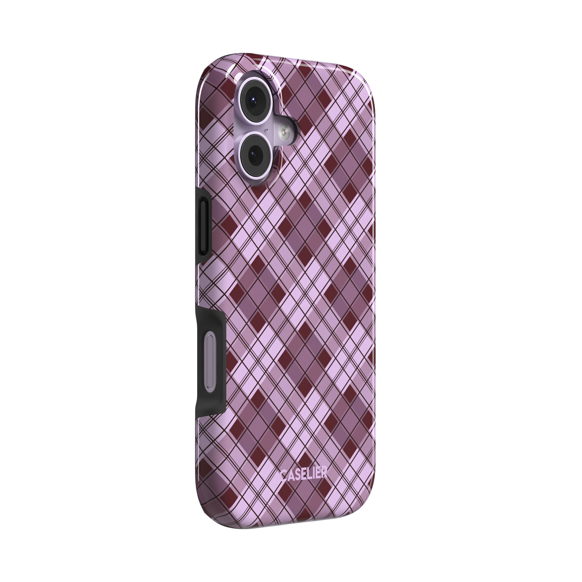 Cross Plaid, diagonal plaid check in dusty pink and deep burgundy, tough case, left view, phone case by Caselier