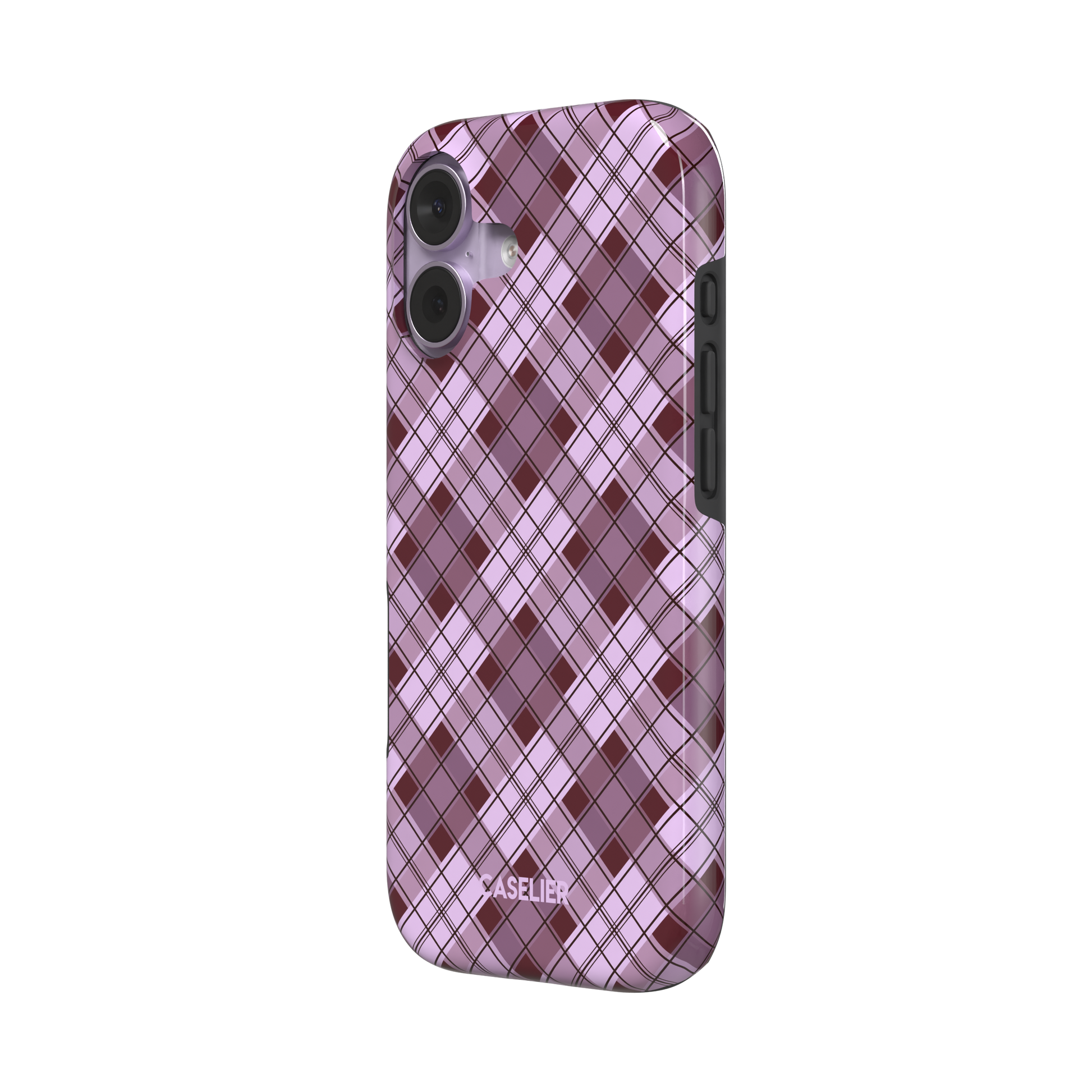 Cross Plaid, diagonal plaid check in dusty pink and deep burgundy, tough case, right view, phone case by Caselier