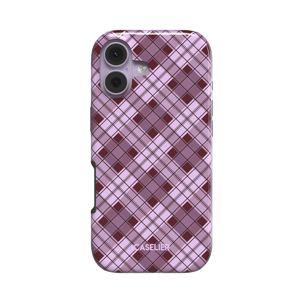 Cross Plaid lilac and burgundy diagonal plaid pattern, snap case angled side view showing slim profile, white background, phone case by Caselier - tough case, front view | Caselier