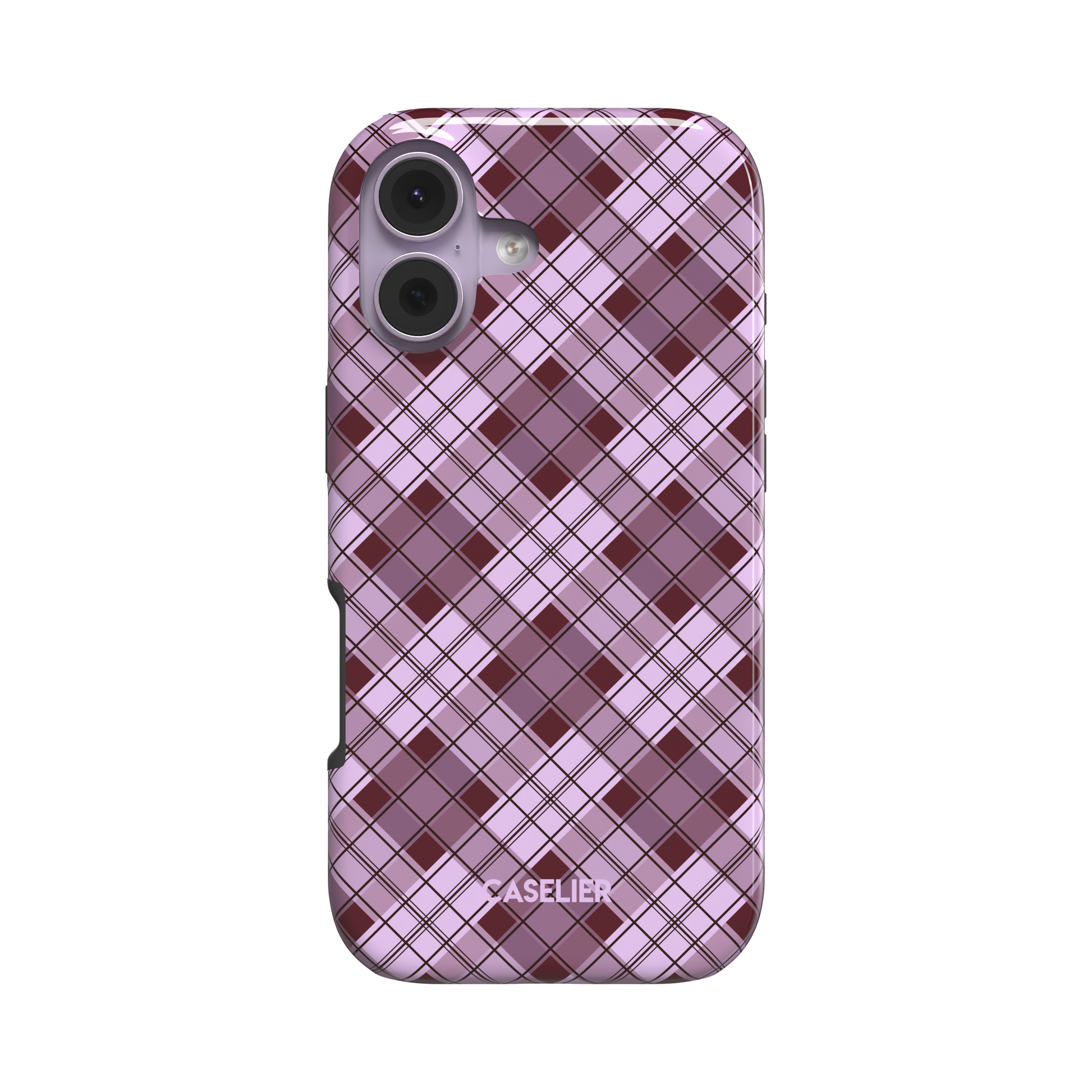 Cross Plaid lilac and burgundy diagonal plaid pattern, snap case angled side view showing slim profile, white background, phone case by Caselier - tough case, front view | Caselier