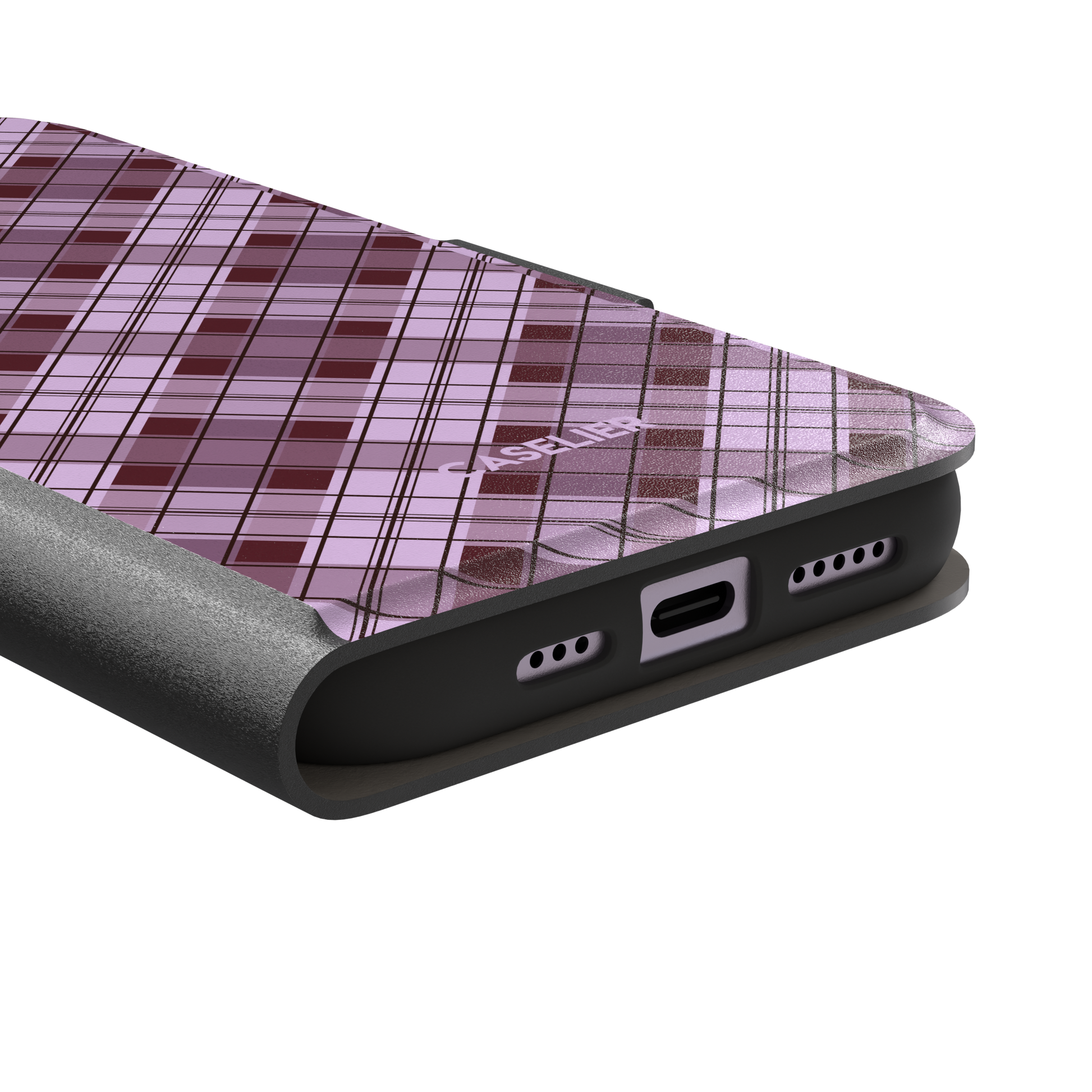 Cross Plaid, diagonal plaid check in dusty pink and deep burgundy, wallet case, charging port detail, phone case by Caselier
