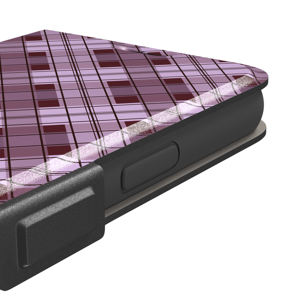 Cross Plaid, diagonal plaid check in dusty pink and deep burgundy, wallet case, volume buttons detail, phone case by Caselier