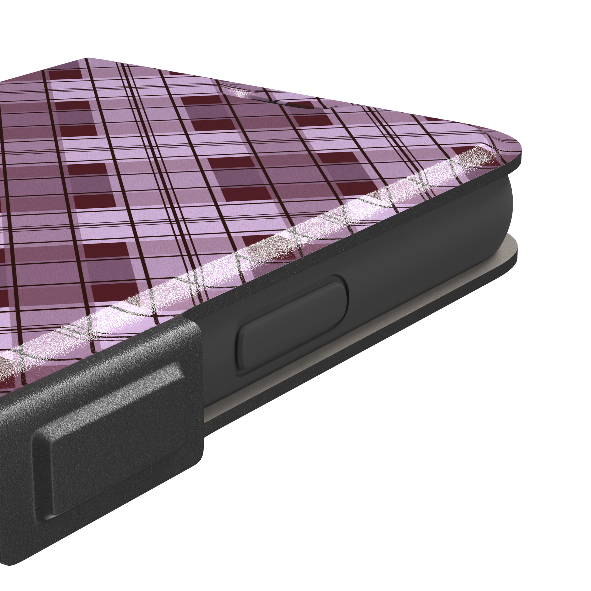 Cross Plaid, diagonal plaid check in dusty pink and deep burgundy, wallet case, volume buttons detail, phone case by Caselier