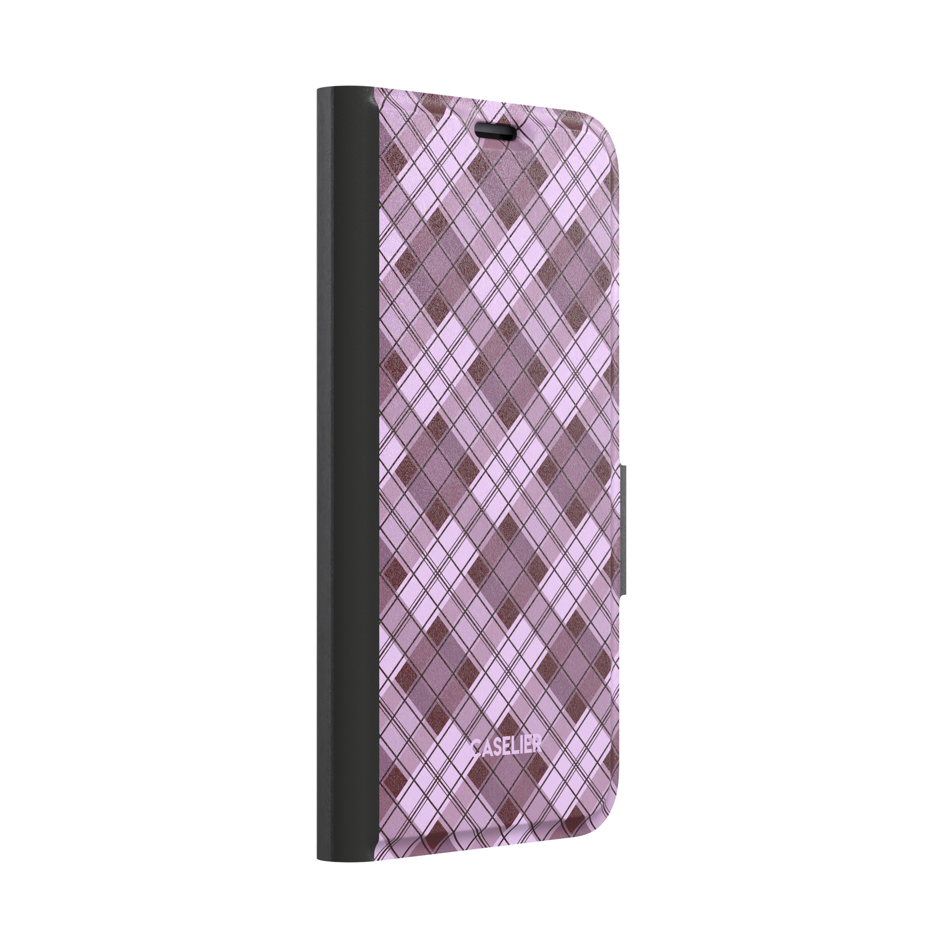 Cross Plaid, diagonal plaid check in dusty pink and deep burgundy, wallet case, left view, phone case by Caselier