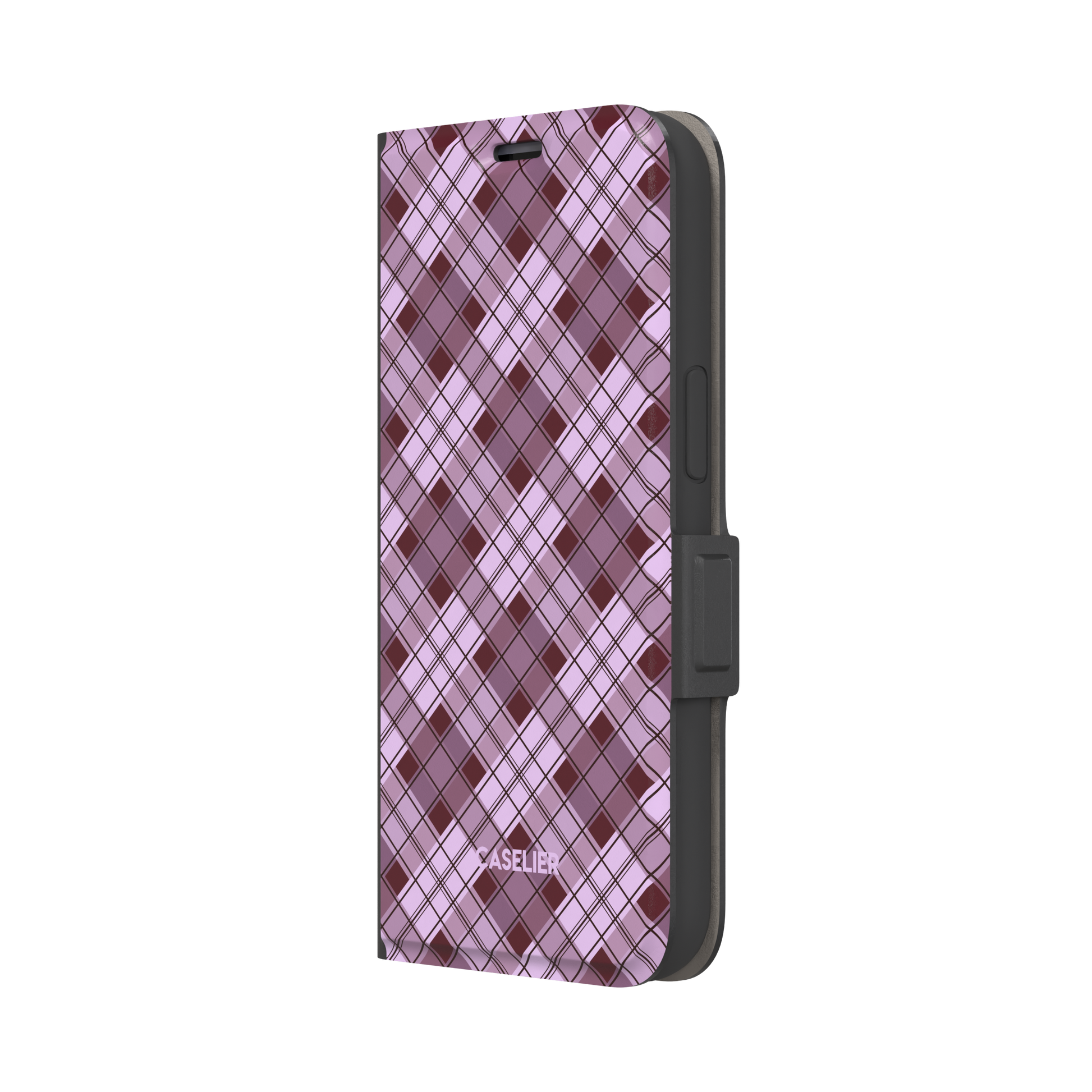 Cross Plaid, diagonal plaid check in dusty pink and deep burgundy, wallet case, right view, phone case by Caselier