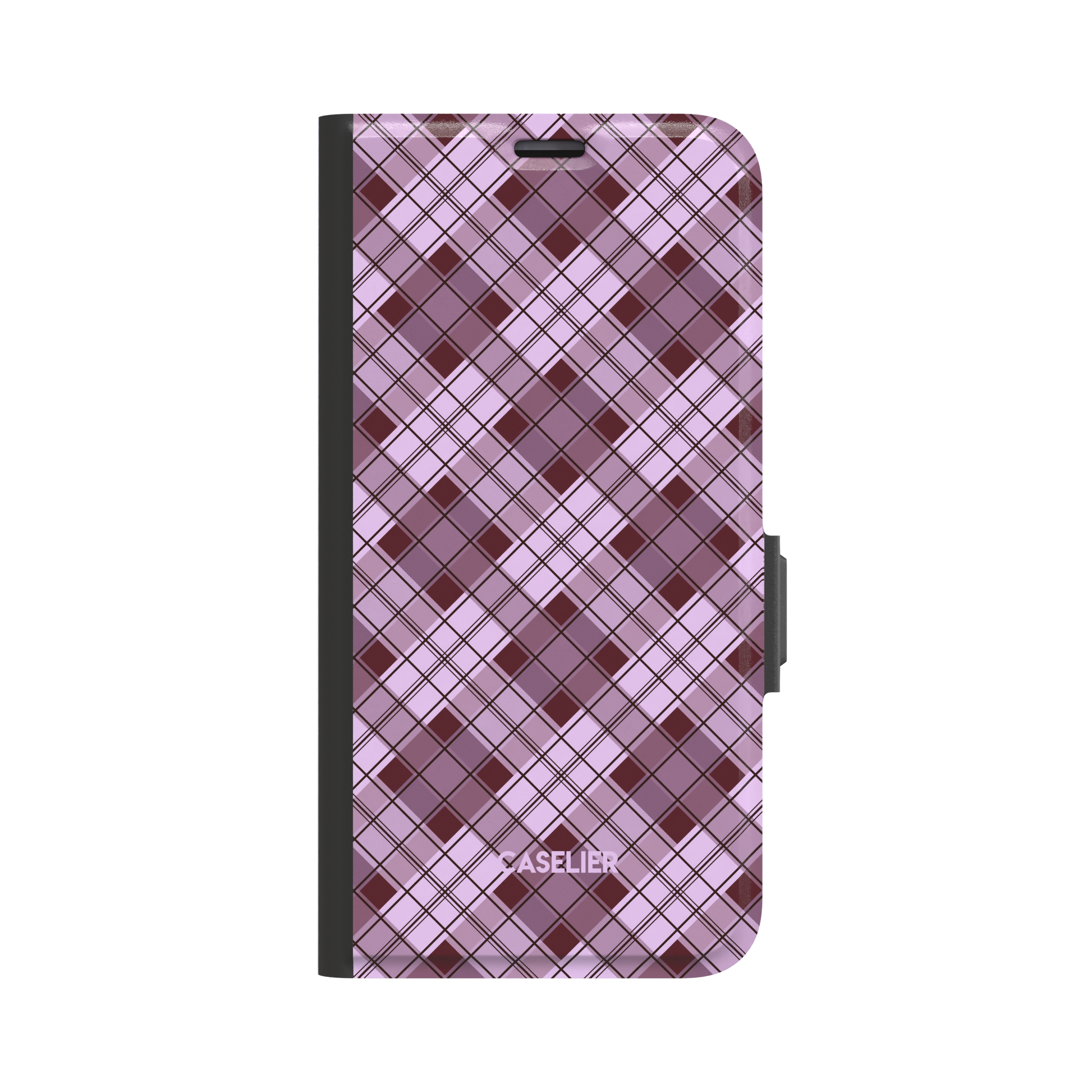 Cross Plaid lilac and deep burgundy tartan design on a folio wallet case with black spine and magnetic clasp, front view on white background, phone case by Caselier - wallet case, front view | Caselier
