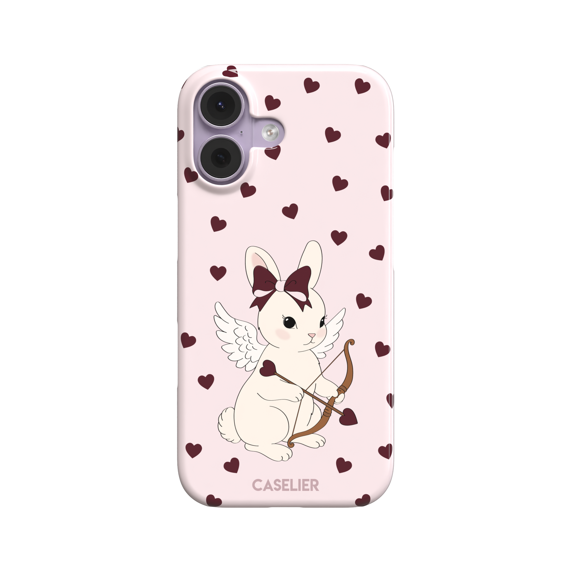 Blush pink phone case featuring a winged white cupid bunny with a burgundy bow and arrow surrounded by dark red hearts, phone case by Caselier — snap case, front view