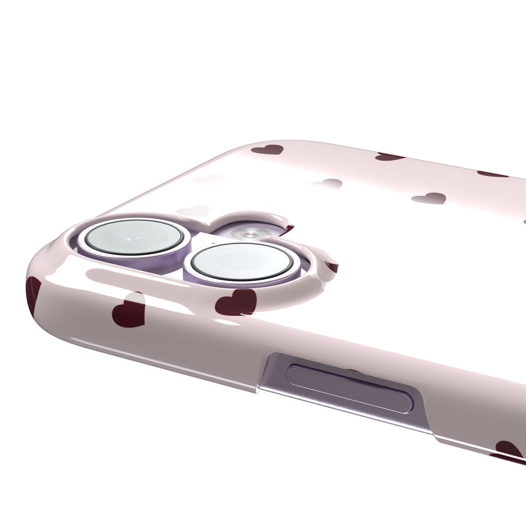 Blush pink phone case featuring a winged white cupid bunny with a burgundy bow and arrow surrounded by dark red hearts, phone case by Caselier — snap case, volume buttons detail
