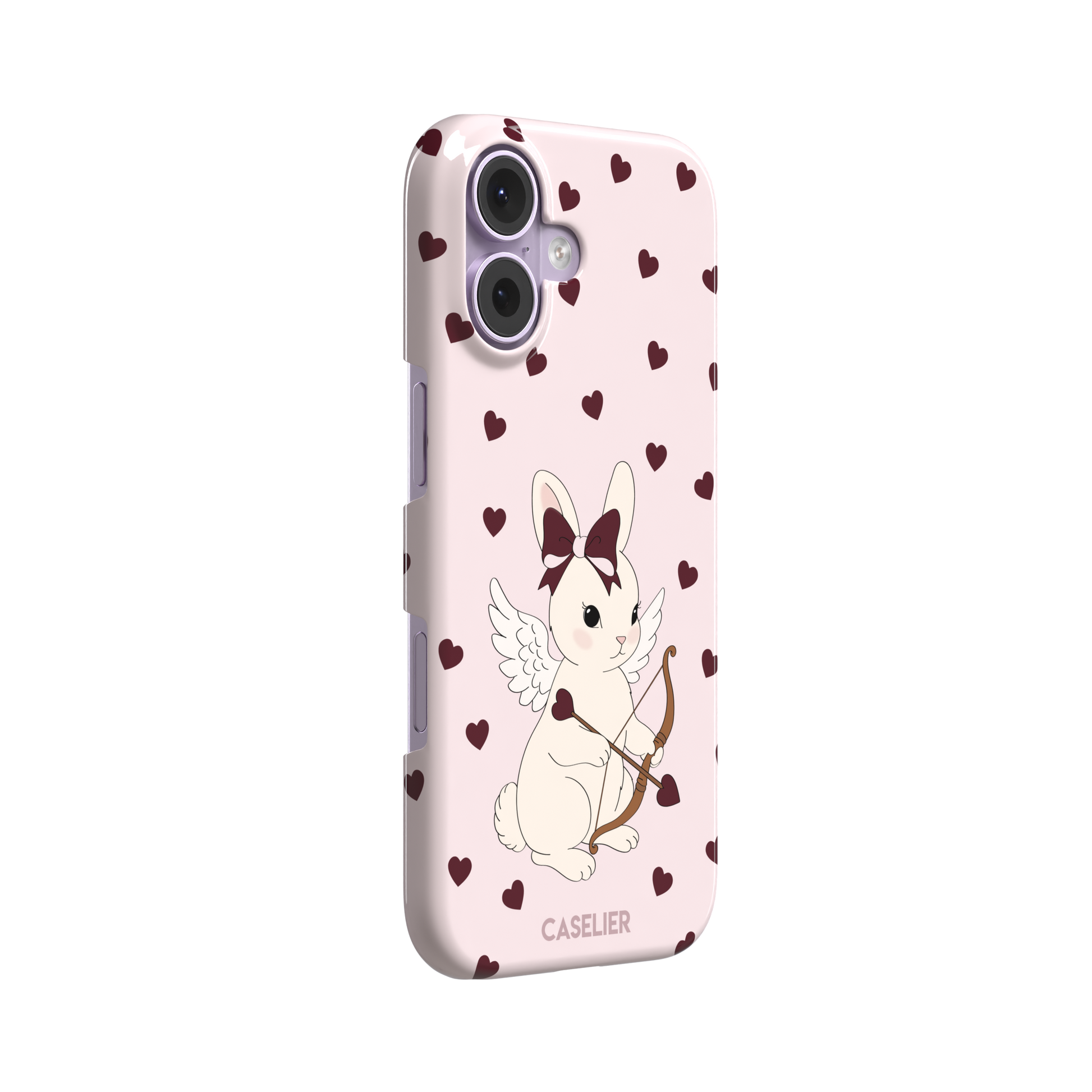 Blush pink phone case featuring a winged white cupid bunny with a burgundy bow and arrow surrounded by dark red hearts, phone case by Caselier — snap case, left view