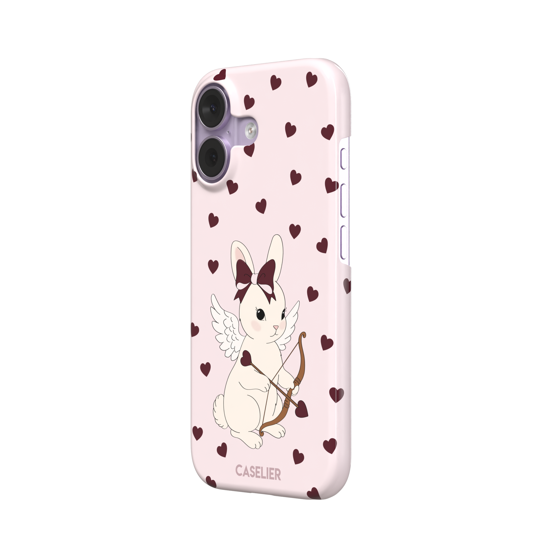 Blush pink phone case featuring a winged white cupid bunny with a burgundy bow and arrow surrounded by dark red hearts, phone case by Caselier — snap case, right view