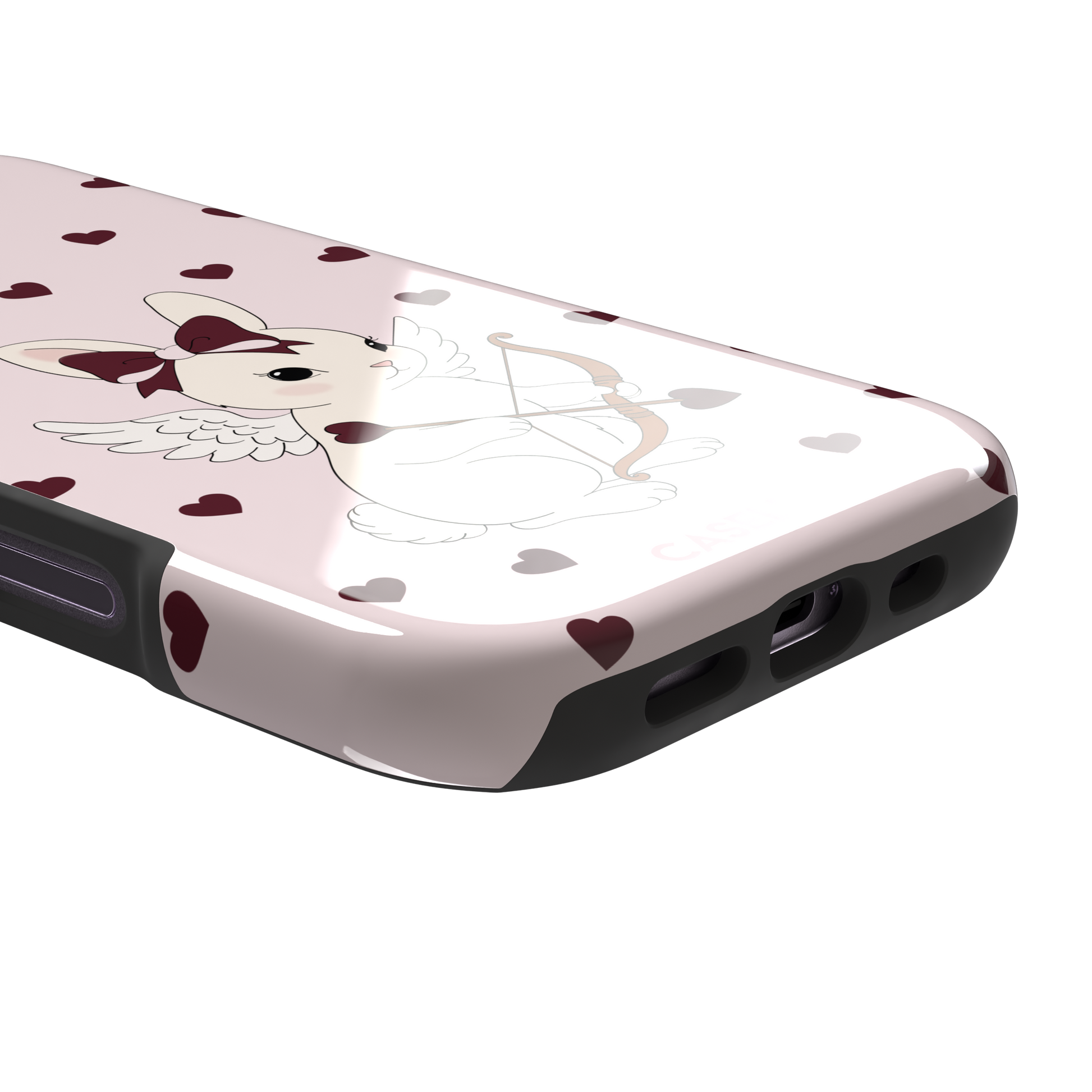 Blush pink phone case featuring a winged white cupid bunny with a burgundy bow and arrow surrounded by dark red hearts, phone case by Caselier — tough case, charging port detail