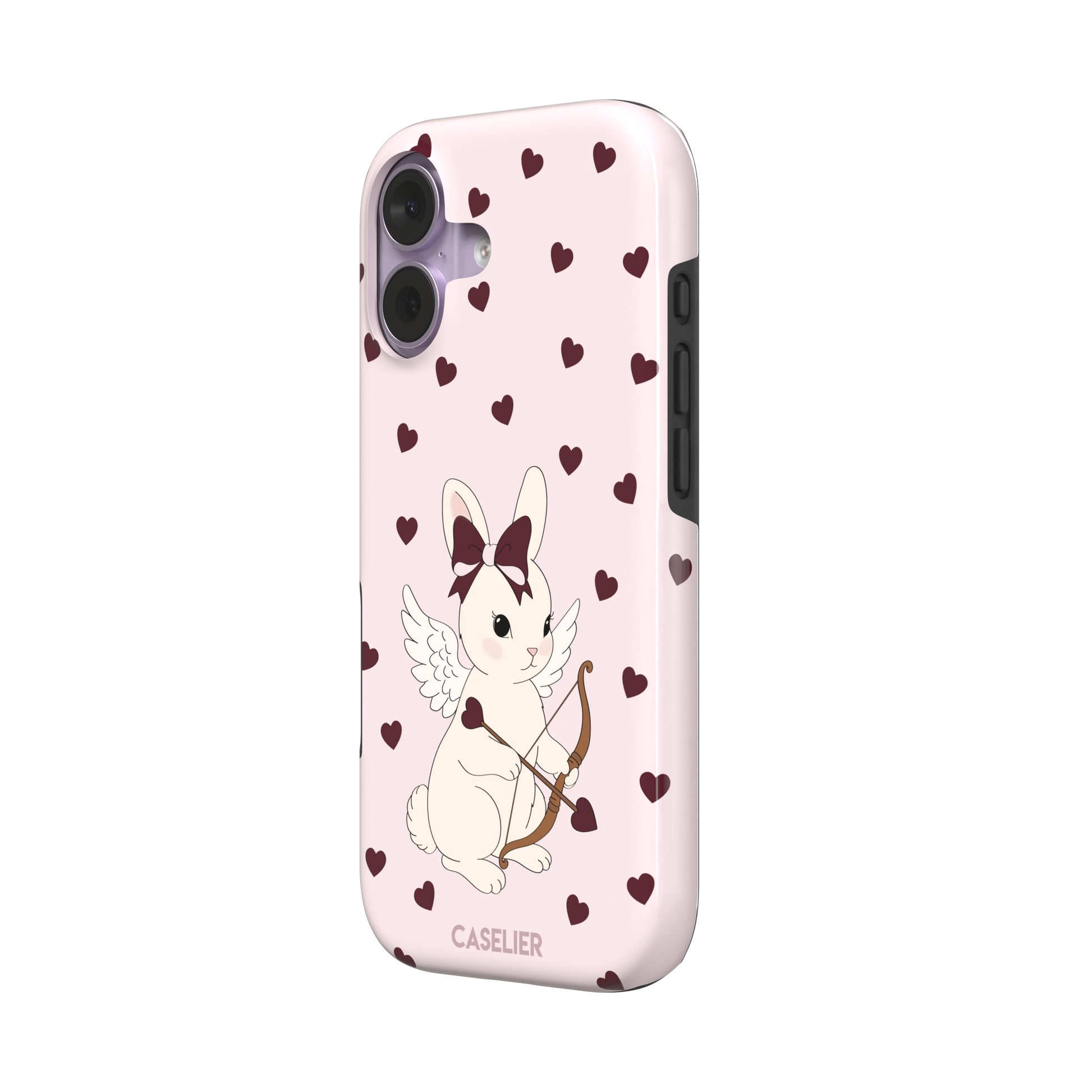Blush pink phone case featuring a winged white cupid bunny with a burgundy bow and arrow surrounded by dark red hearts, phone case by Caselier — tough case, right view