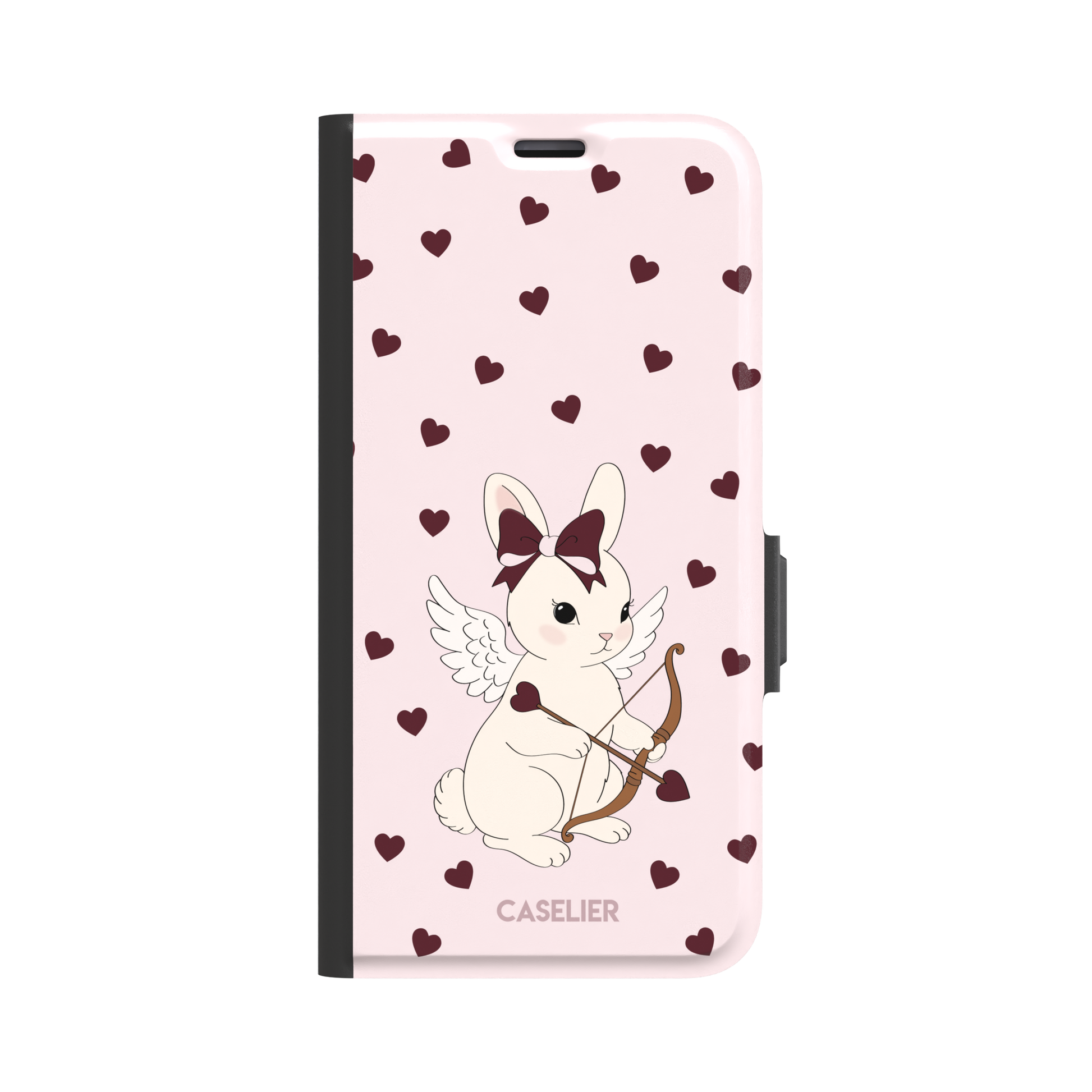 Blush pink phone case featuring a winged white cupid bunny with a burgundy bow and arrow surrounded by dark red hearts, phone case by Caselier — wallet case, front view