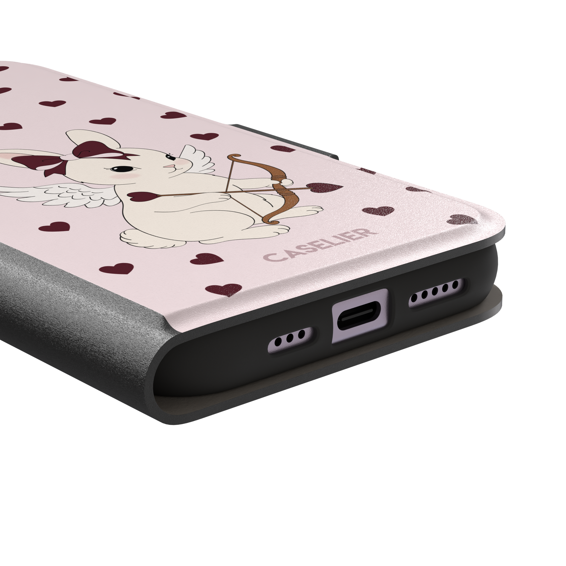 Blush pink phone case featuring a winged white cupid bunny with a burgundy bow and arrow surrounded by dark red hearts, phone case by Caselier — wallet case, charging port detail