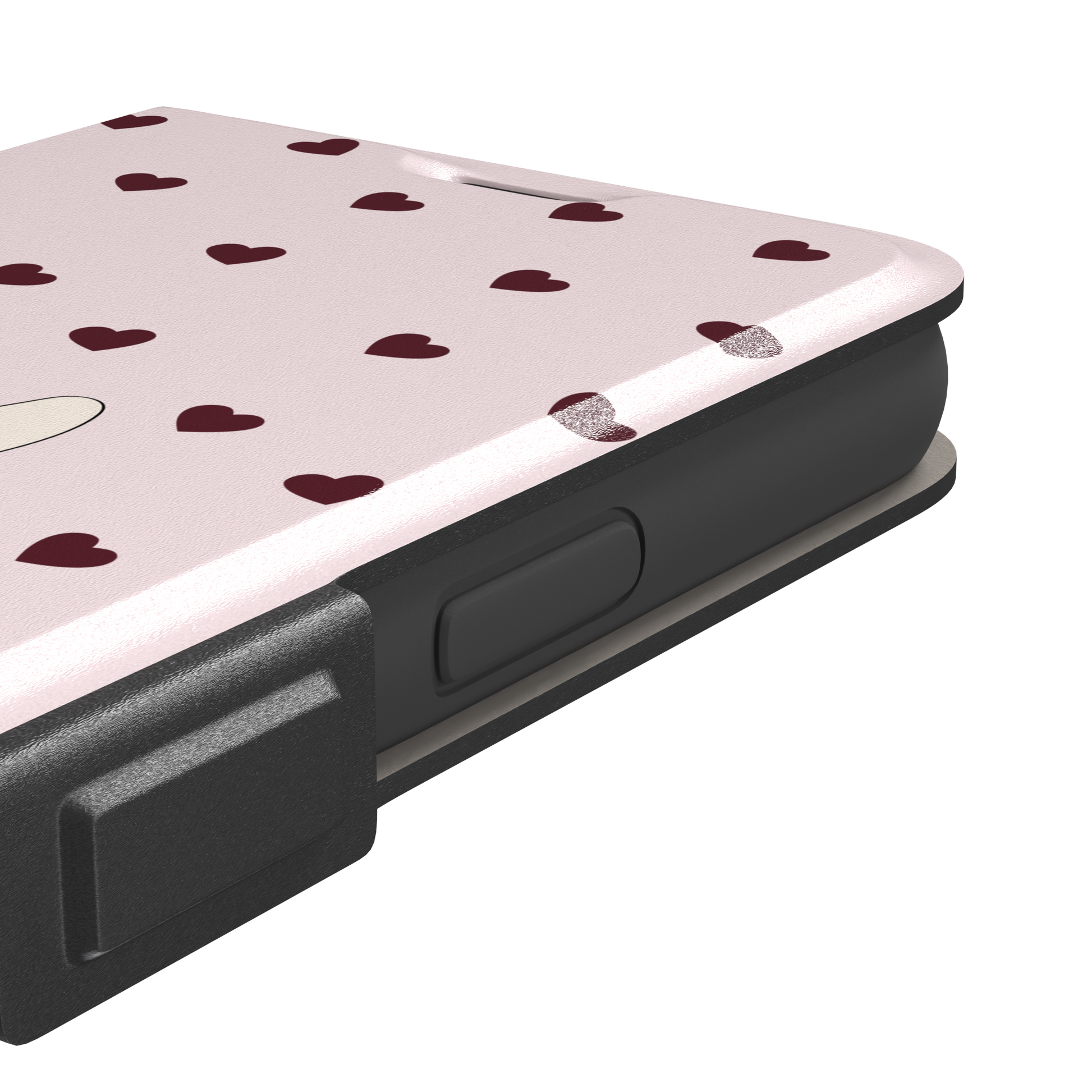 Blush pink phone case featuring a winged white cupid bunny with a burgundy bow and arrow surrounded by dark red hearts, phone case by Caselier — wallet case, volume buttons detail