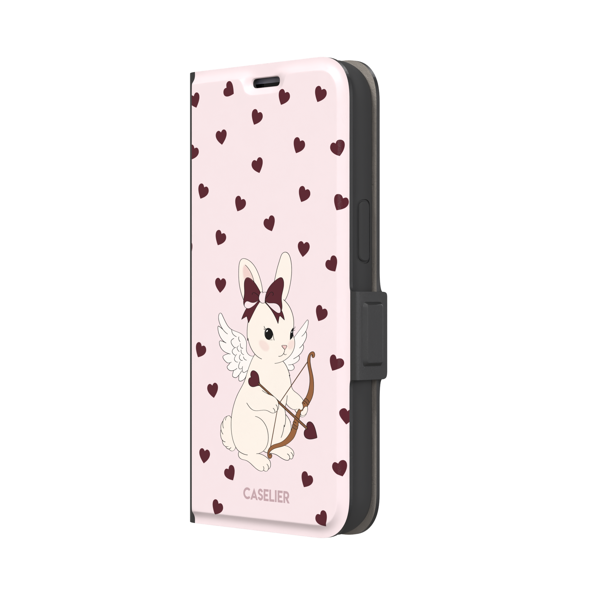 Blush pink phone case featuring a winged white cupid bunny with a burgundy bow and arrow surrounded by dark red hearts, phone case by Caselier — wallet case, right view