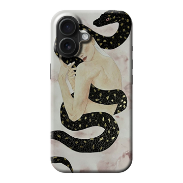 A phone case featuring an artistic illustration of a woman with a black snake patterned with gold spots coiled around her, set against a light pink and white marble background.